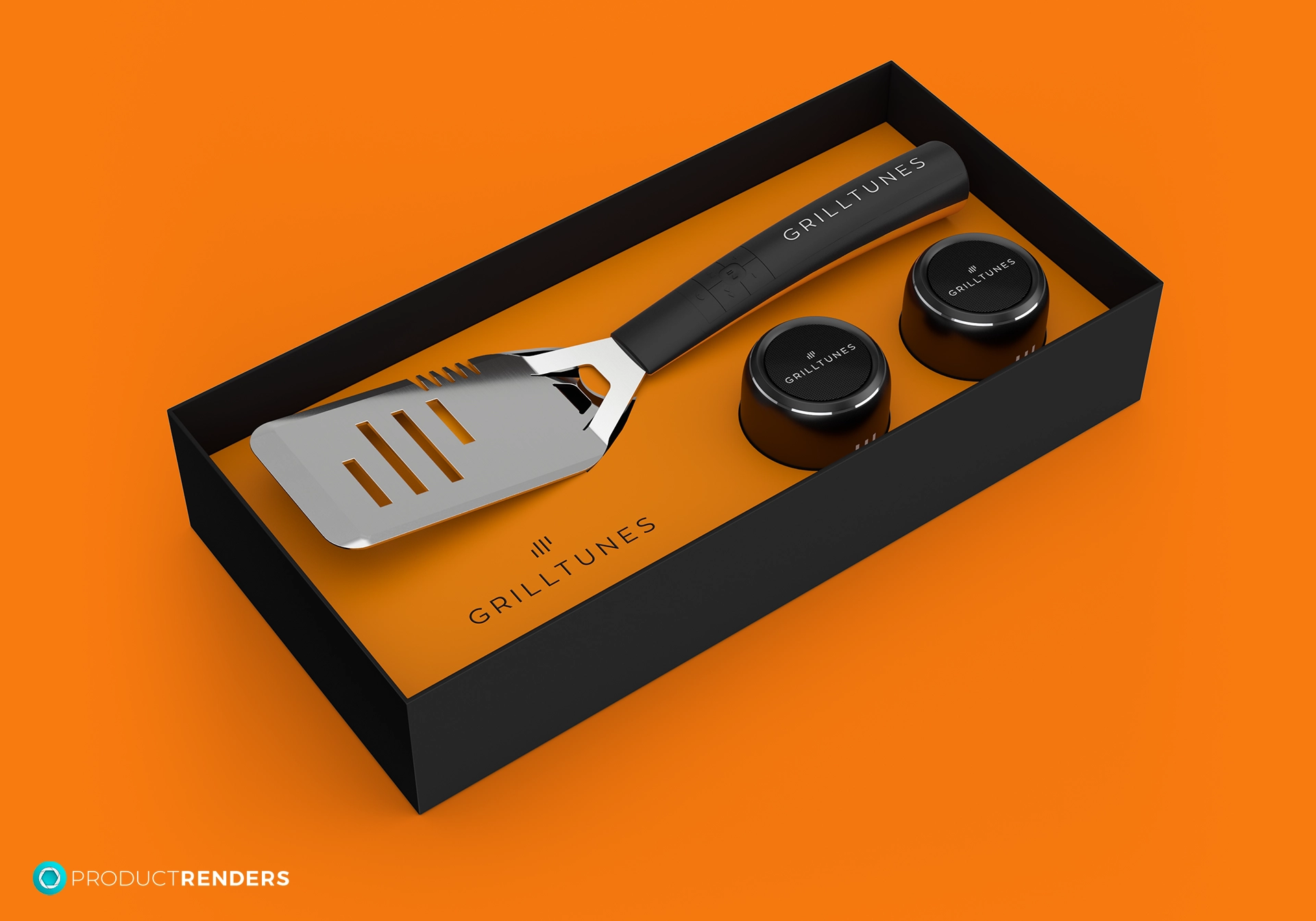 A black gift box containing a GrillTunes spatula and two GrillTunes speakers.