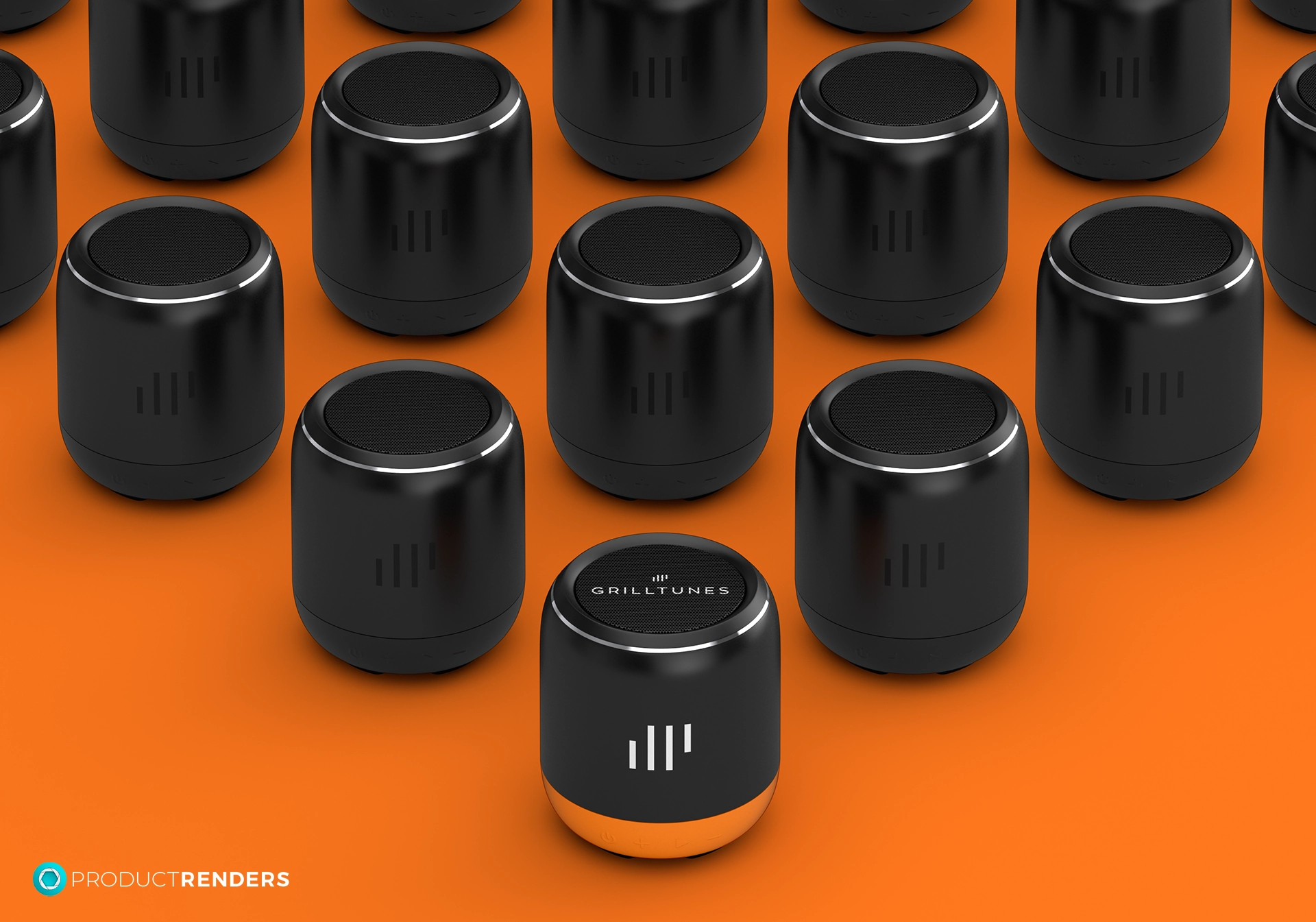 A row of black GrillTunes speakers on an orange background.