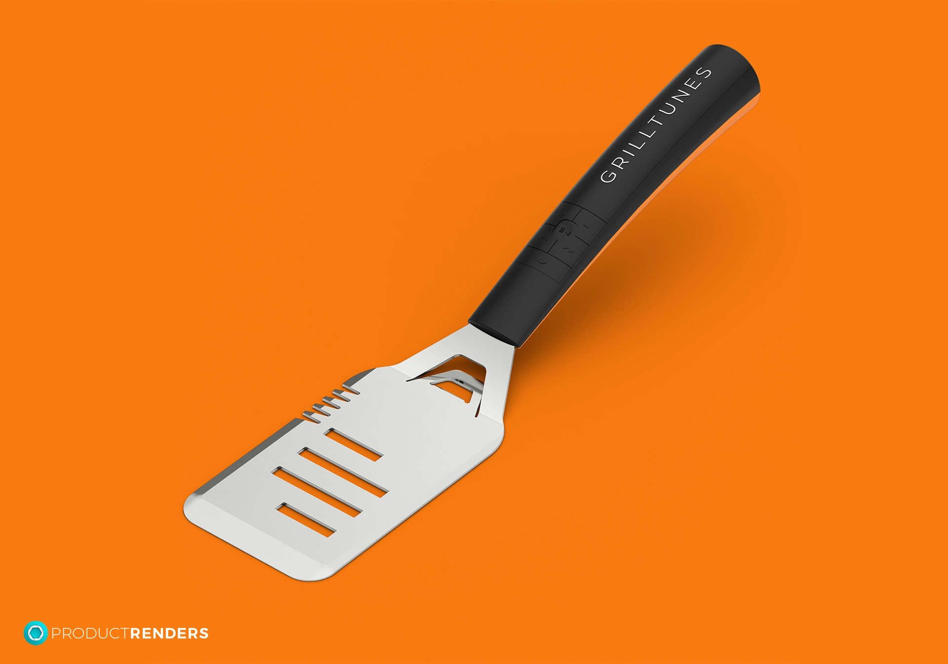 A black and orange GrillTunes spatula on an orange background.