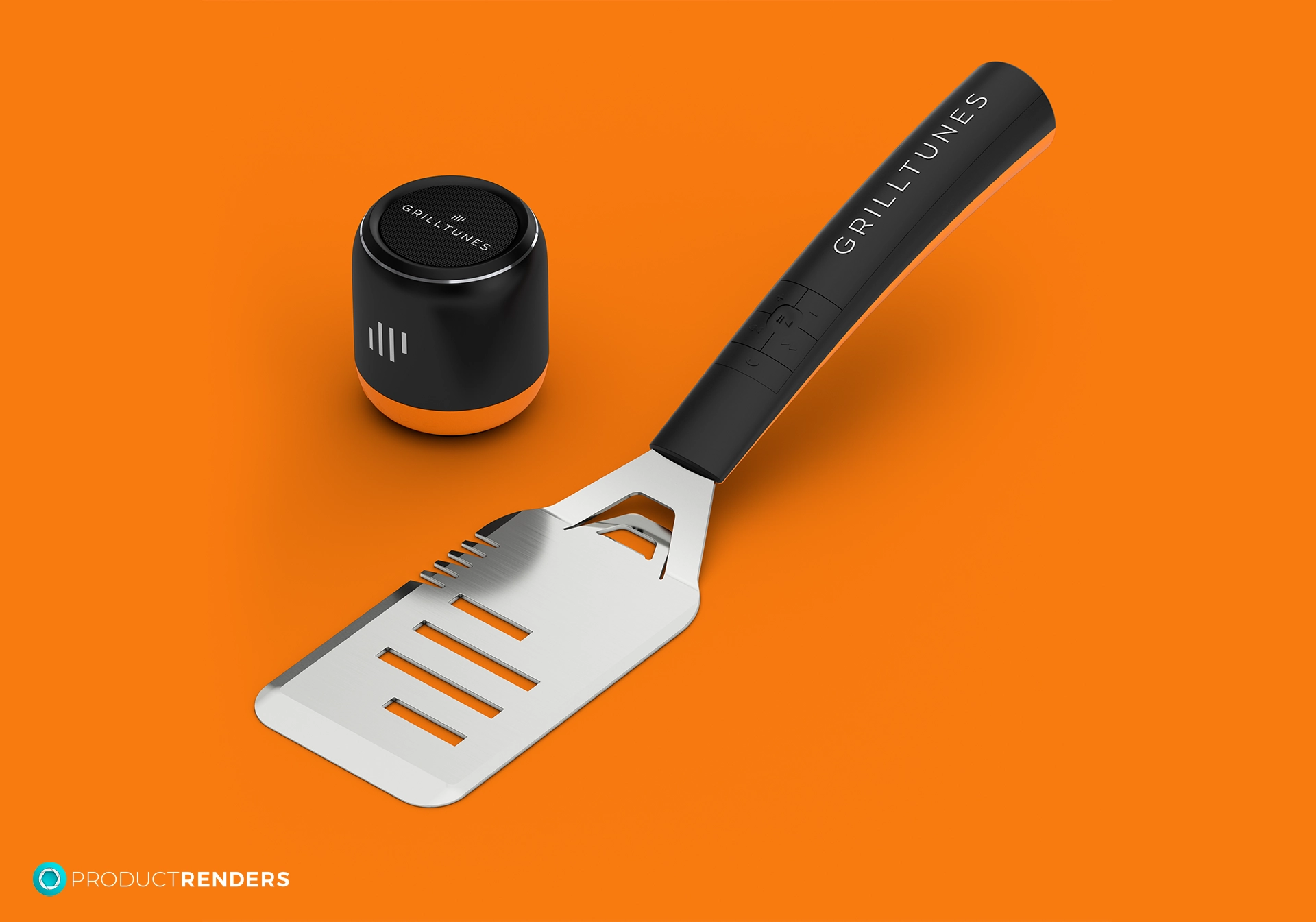 A black and orange GrillTunes spatula with a matching speaker on an orange background.