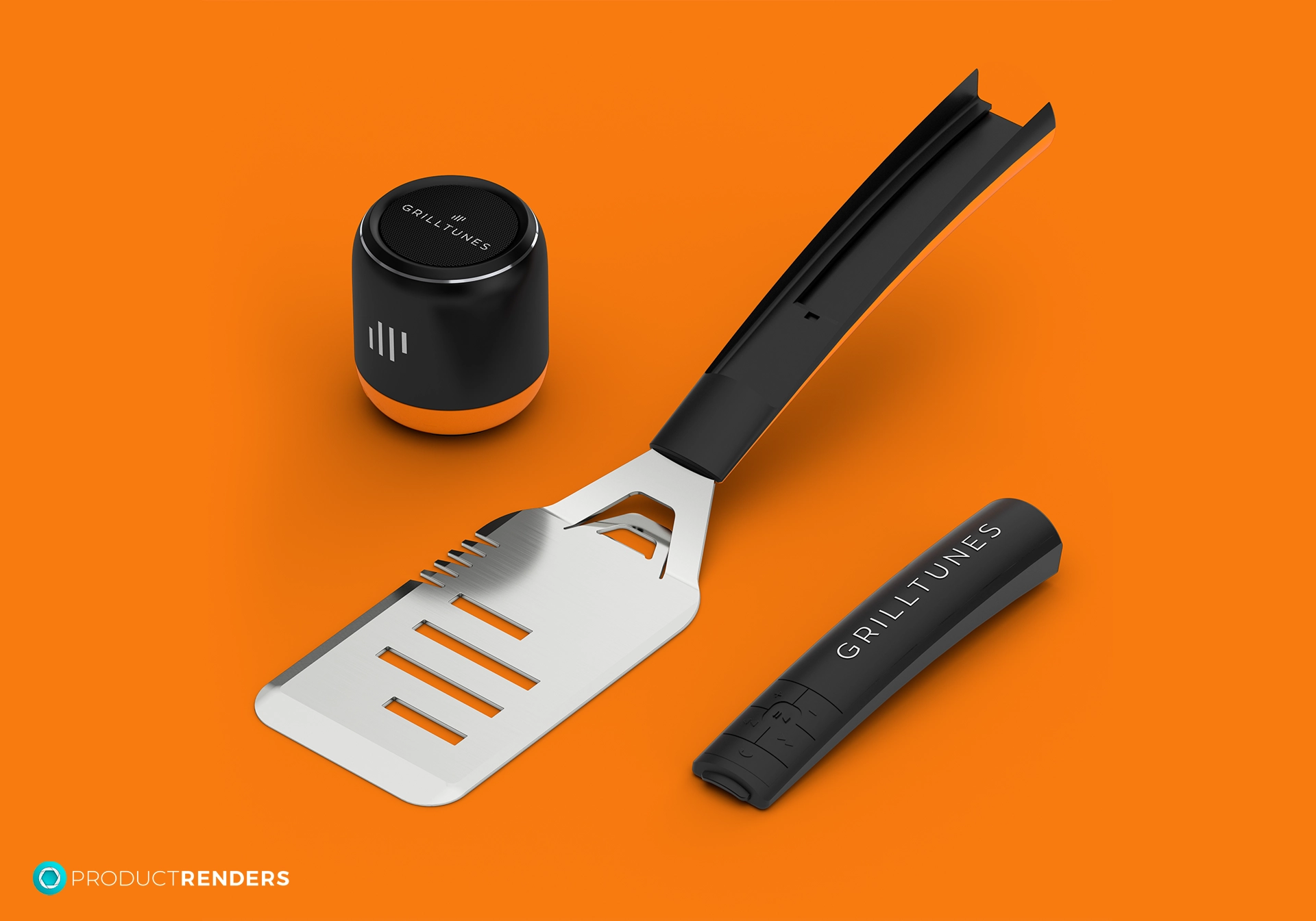 A black and orange GrillTunes spatula with a matching speaker on an orange background.