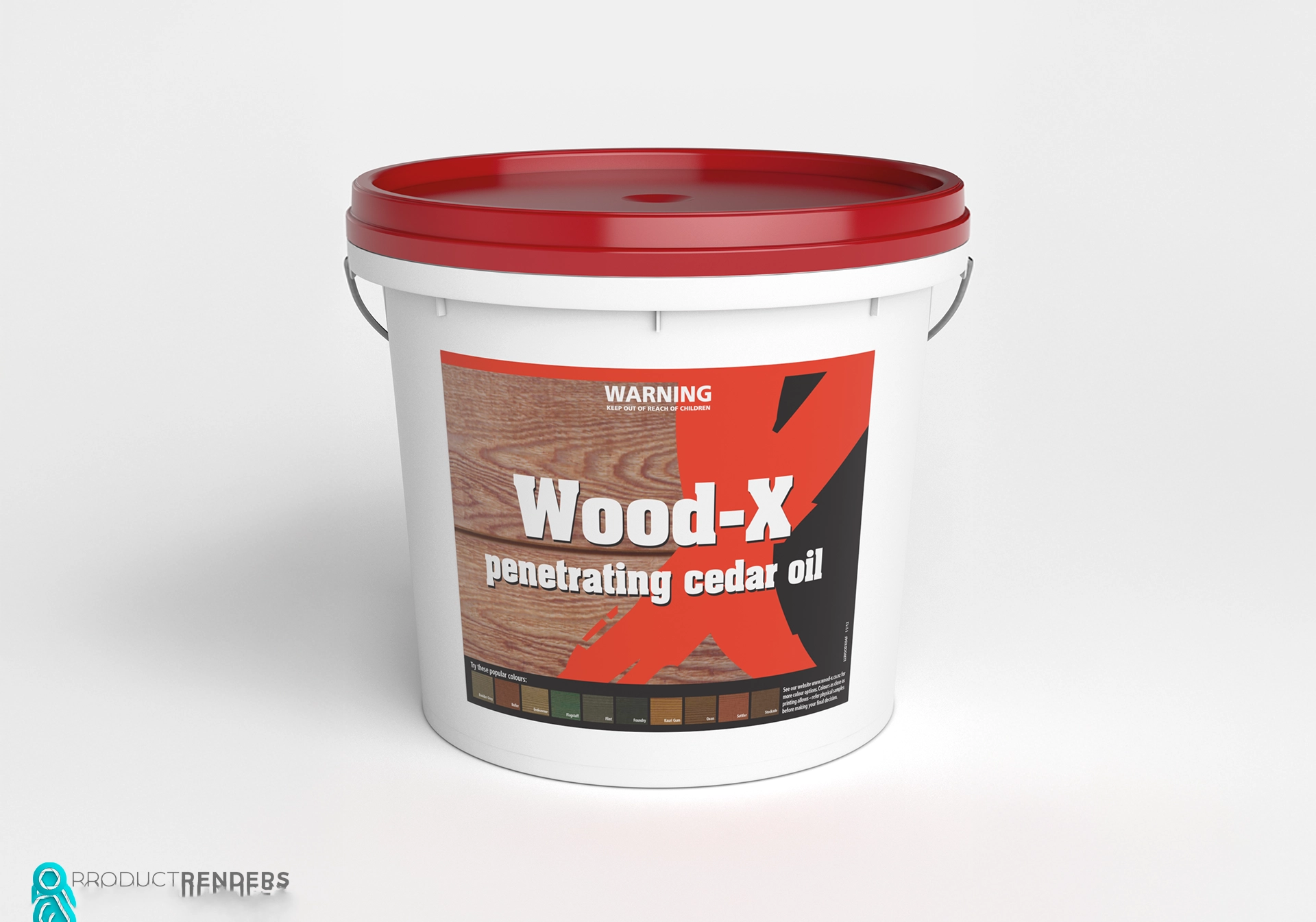 A bucket of Wood-X penetrating cedar oil.