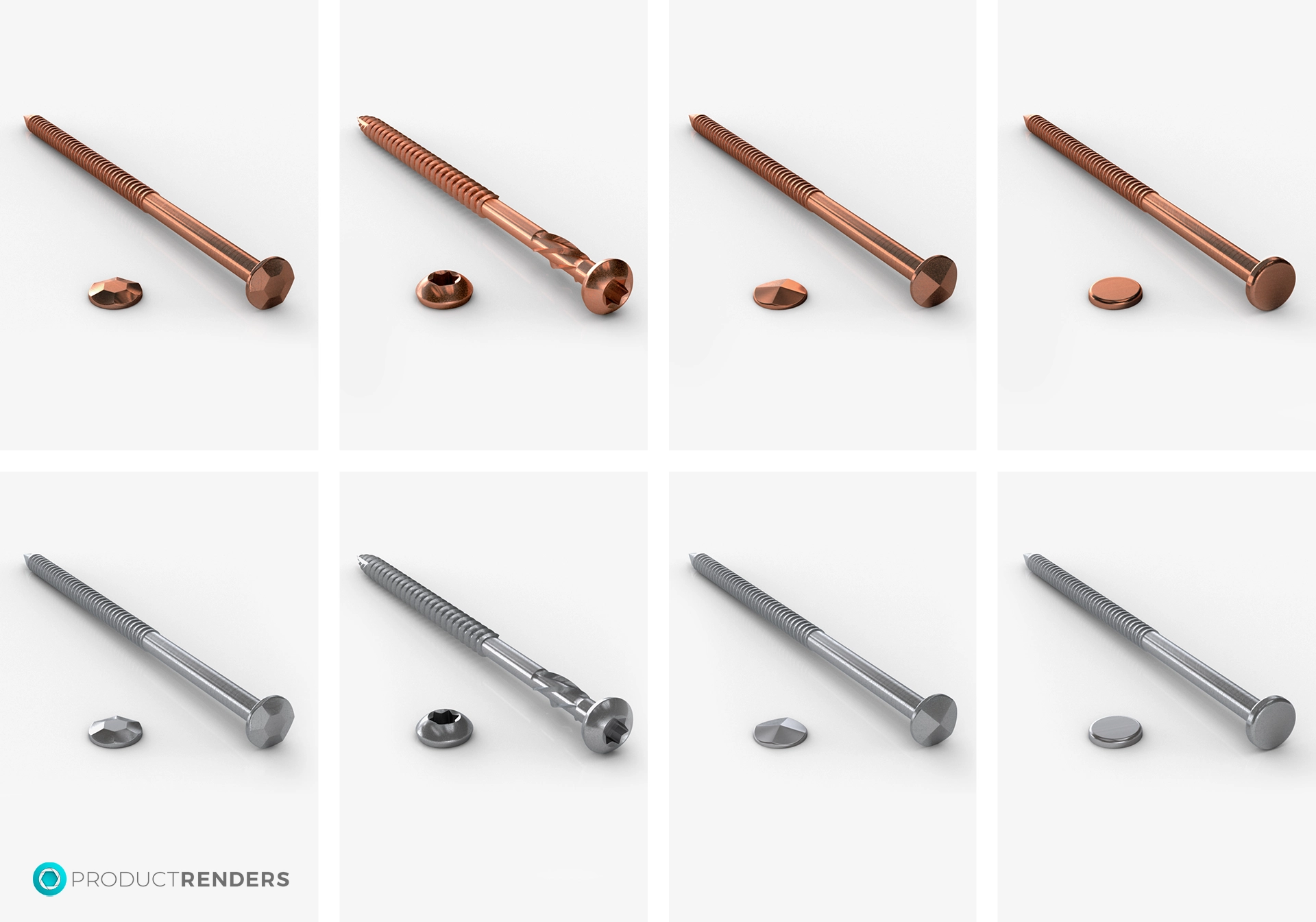 Eight different types of screws with various heads and finishes.