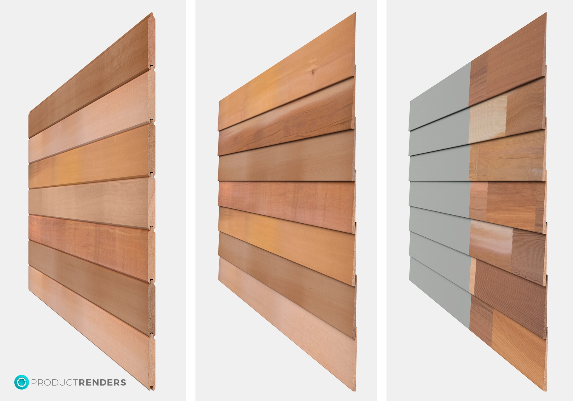 Three different types of wood cladding: natural, stained, and painted.