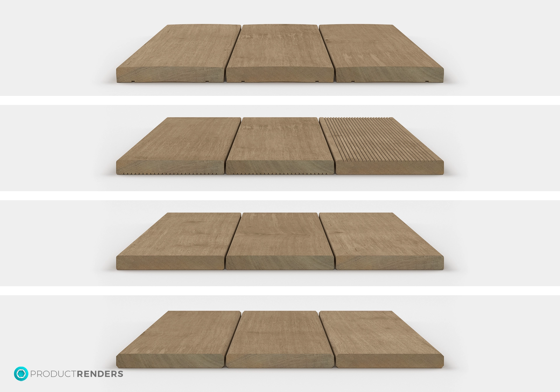 Four different types of decking board profiles: grooved, ribbed, square-edged, and chamfered.