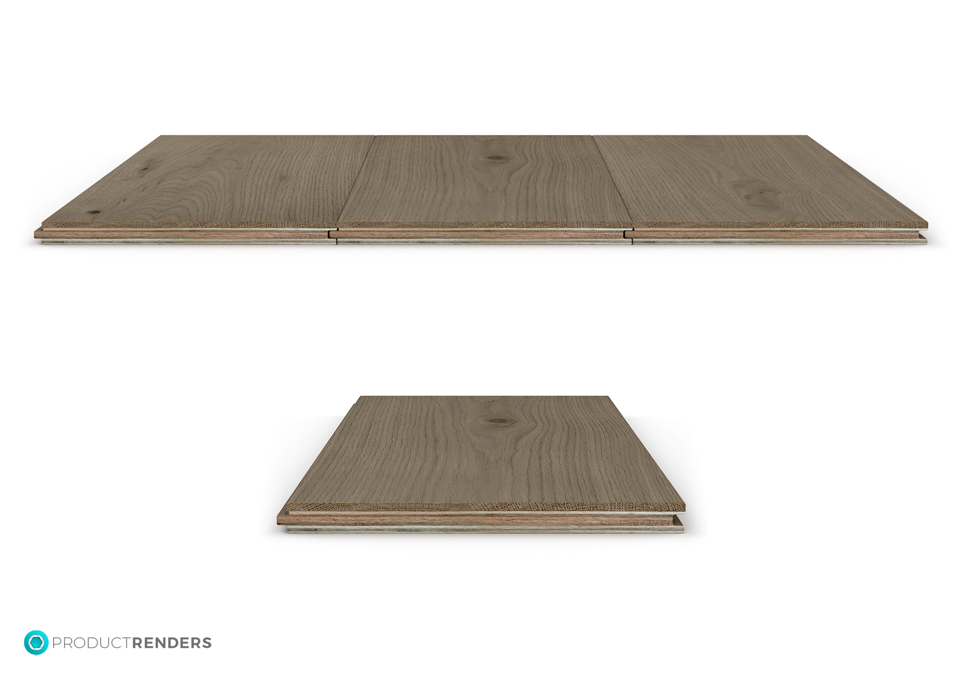 Two views of a grey engineered wood floorboard.