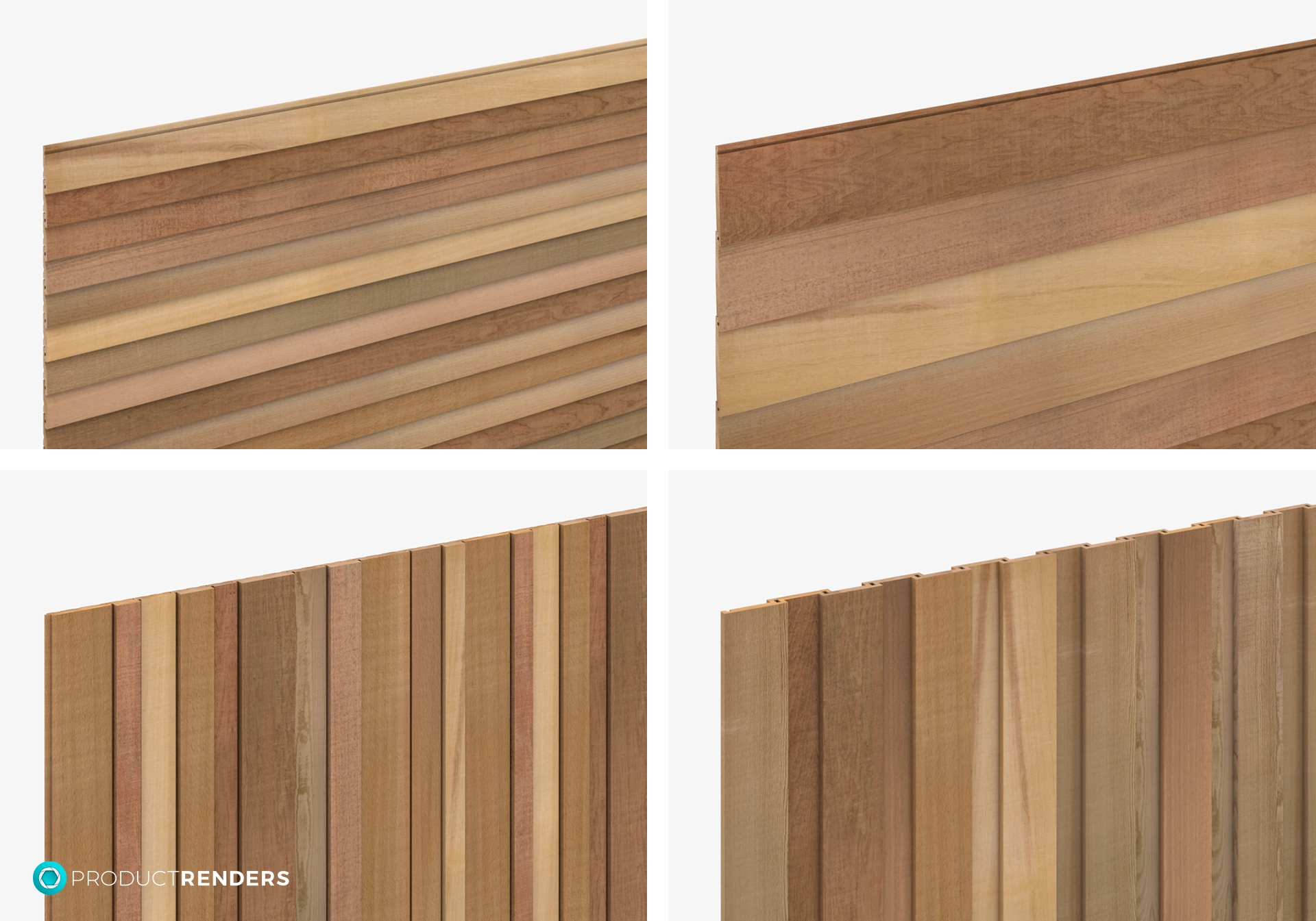 Four different types of timber cladding: horizontal shiplap, vertical shiplap, vertical batten, and horizontal batten.