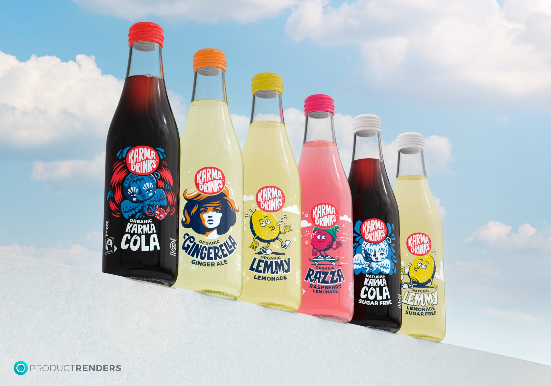 Six Karma Drinks bottles in a row: Karma Cola, Gingerella Ginger Ale, Lemmy Lemonade, Razza Raspberry Lemonade, Karma Cola Sugar Free, and Lemmy Lemonade Sugar Free.