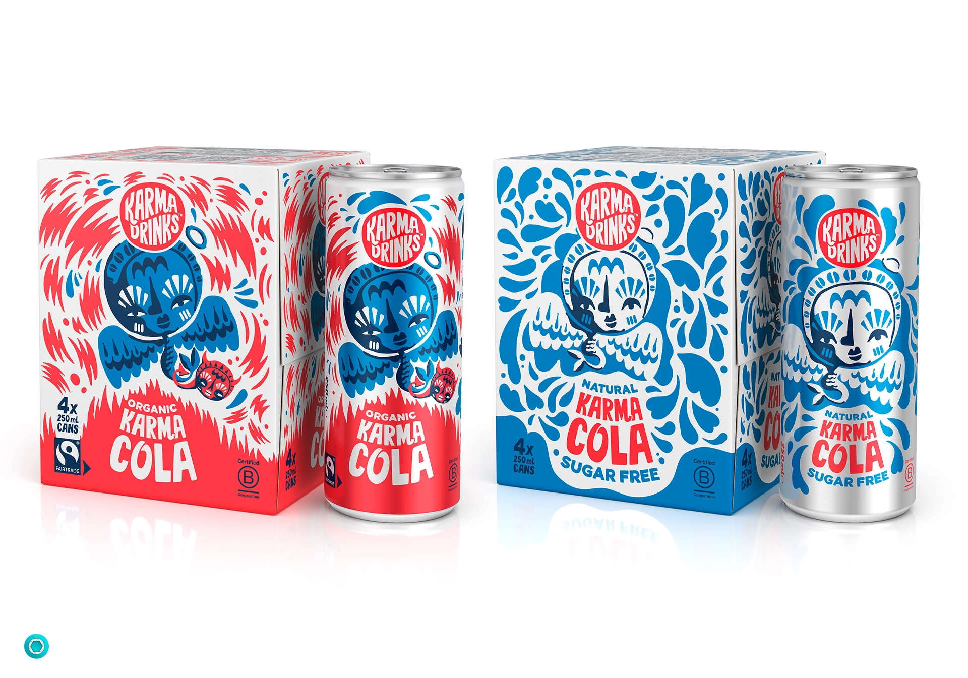 Two packs of Karma Drinks Karma Cola, one organic and other sugar-free.