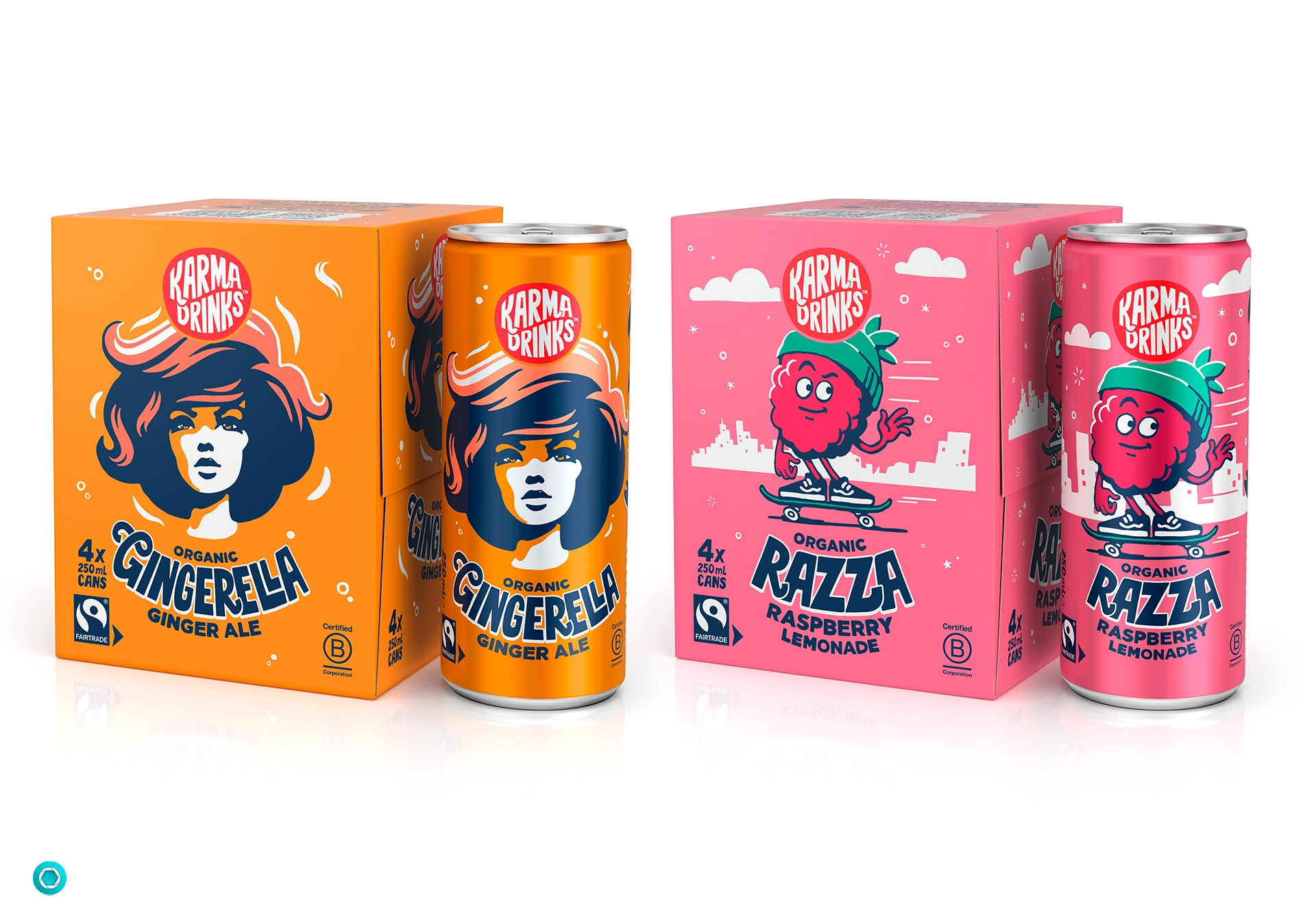 Two packs of Karma Drinks, one Gingerella Ginger Ale and one Razza Raspberry Lemonade.