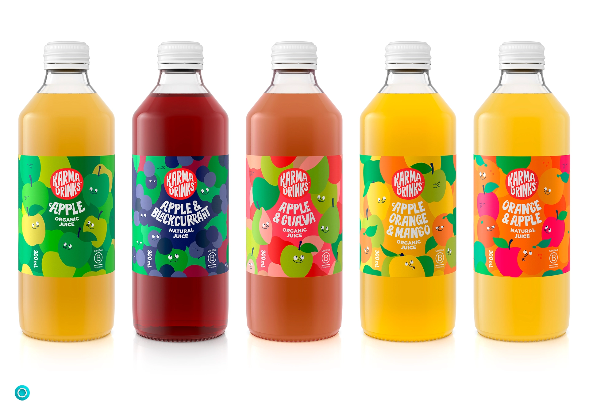 Five Karma Drinks bottles in different flavours: Apple, Apple & Blackcurrant, Apple & Guava, Apple & Orange & Mango, and Orange & Apple.