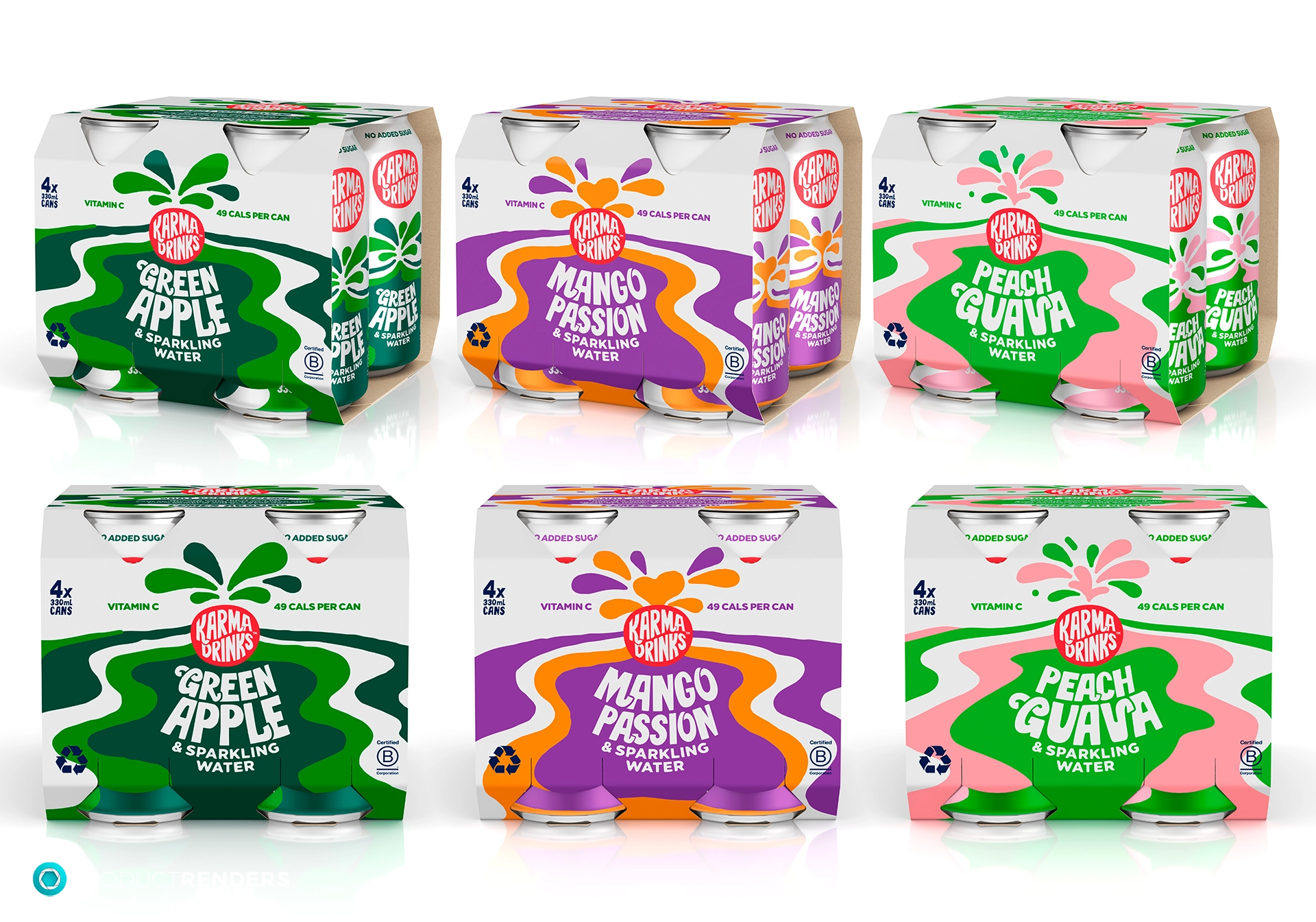 Six packs of Karma Drinks in three flavours: Green Apple, Mango & Passionfruit, and Peach & Guava.