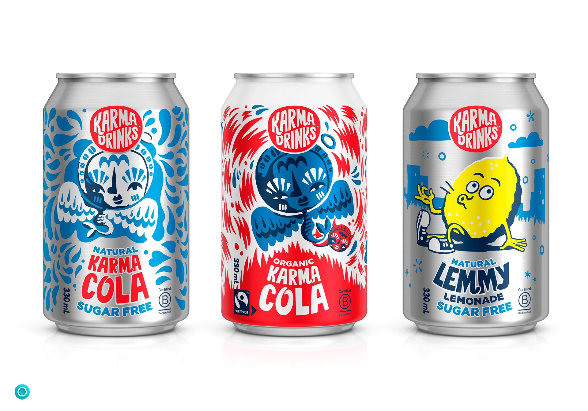 Three Karma Drinks cans: Karma Cola, Karma Cola, and Lemmy Lemonade.