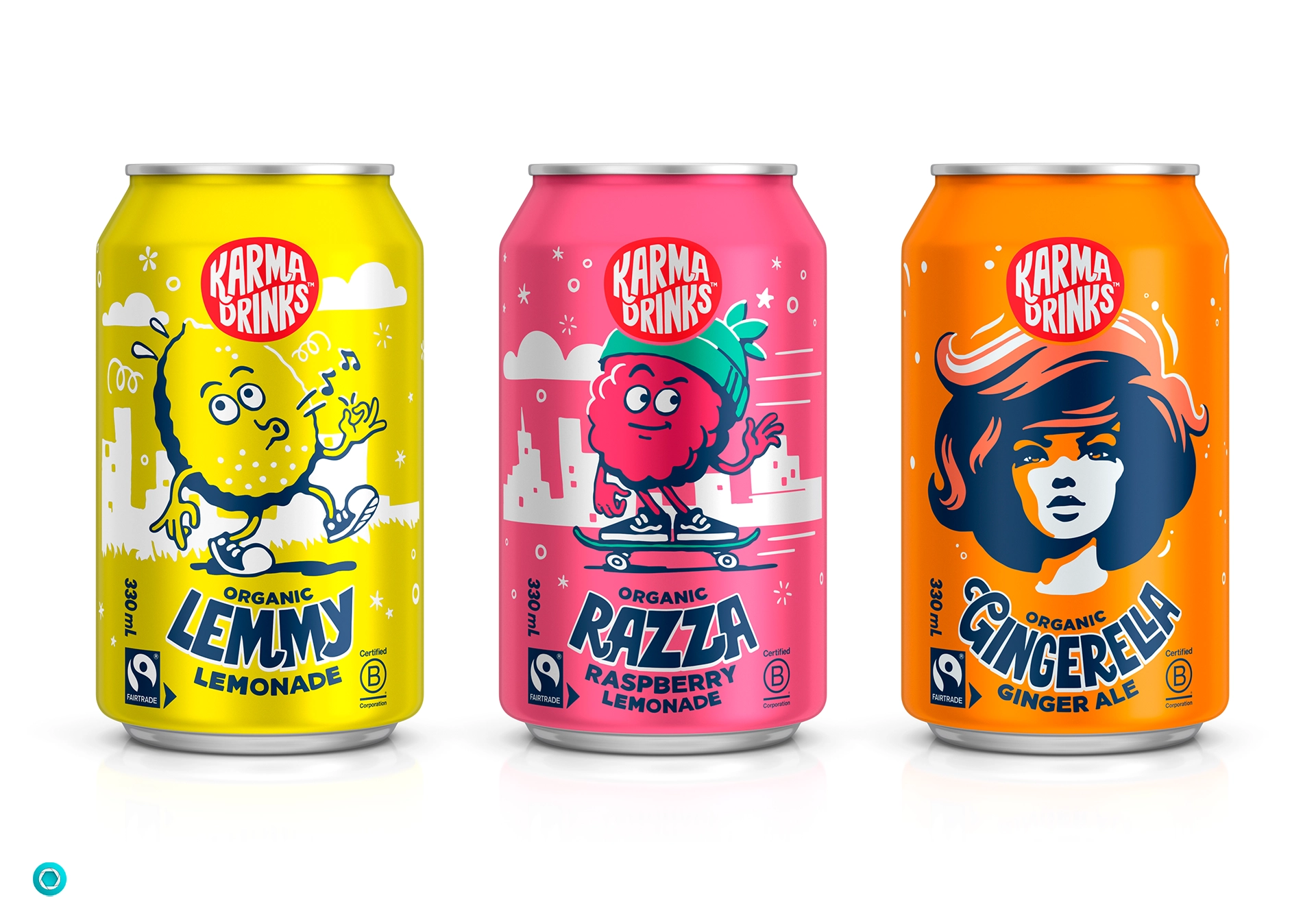 Three Karma Drinks cans: Lemmy Lemonade, Razza Raspberry Lemonade, and Gingerella Ginger Ale.