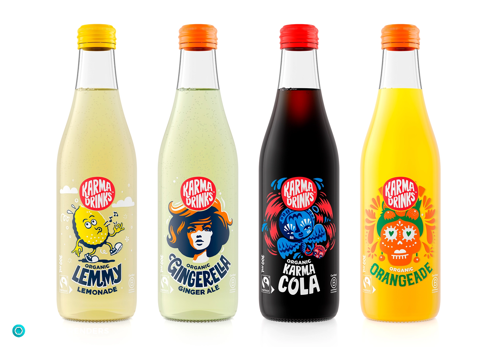 Four Karma Drinks bottles: Lemmy Lemonade, Gingerella Ginger Ale, Karma Cola, and Orange-Ade.