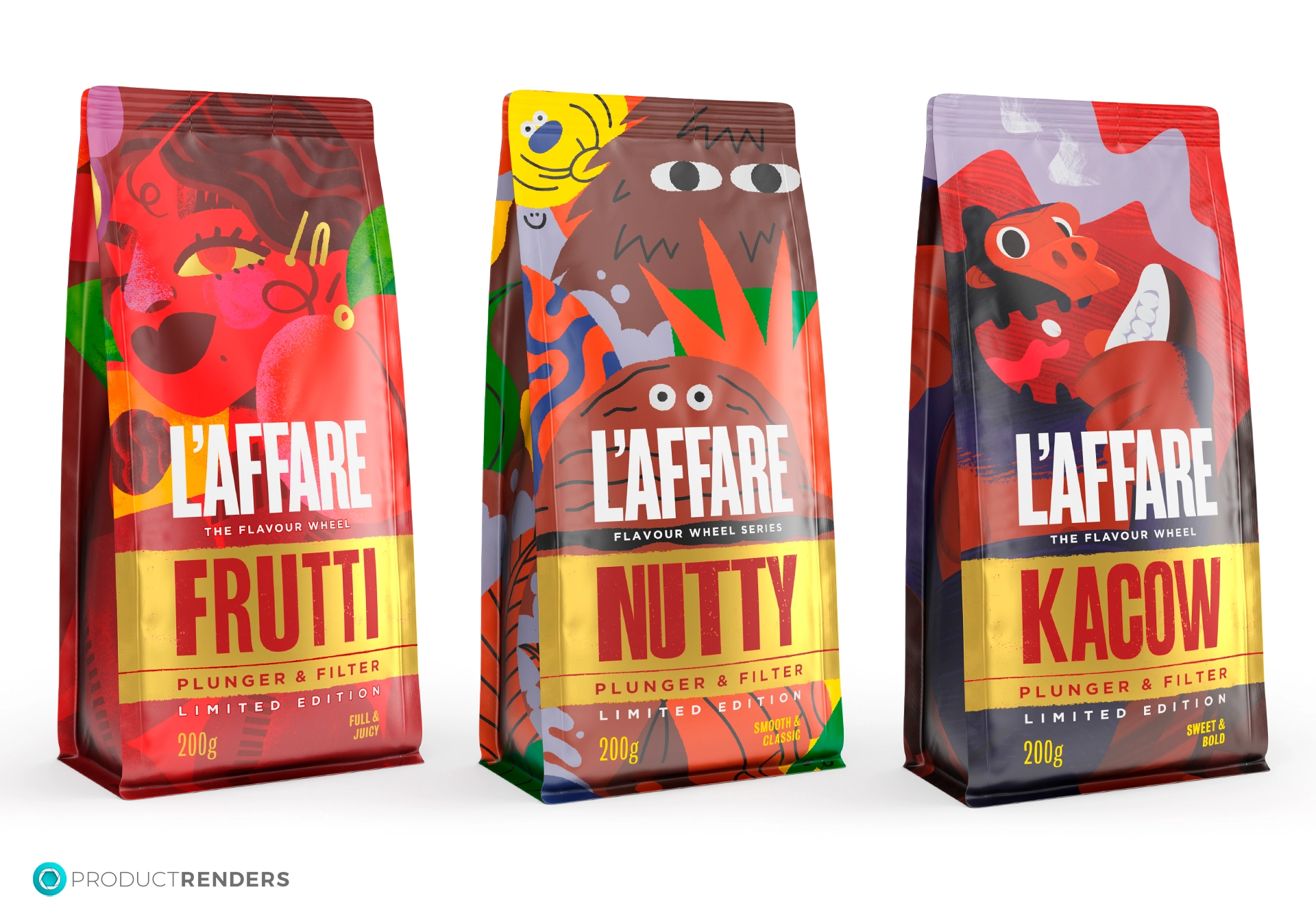 Three bags of L'affare coffee with different flavours: Frutti, Nutty, and Kacow.