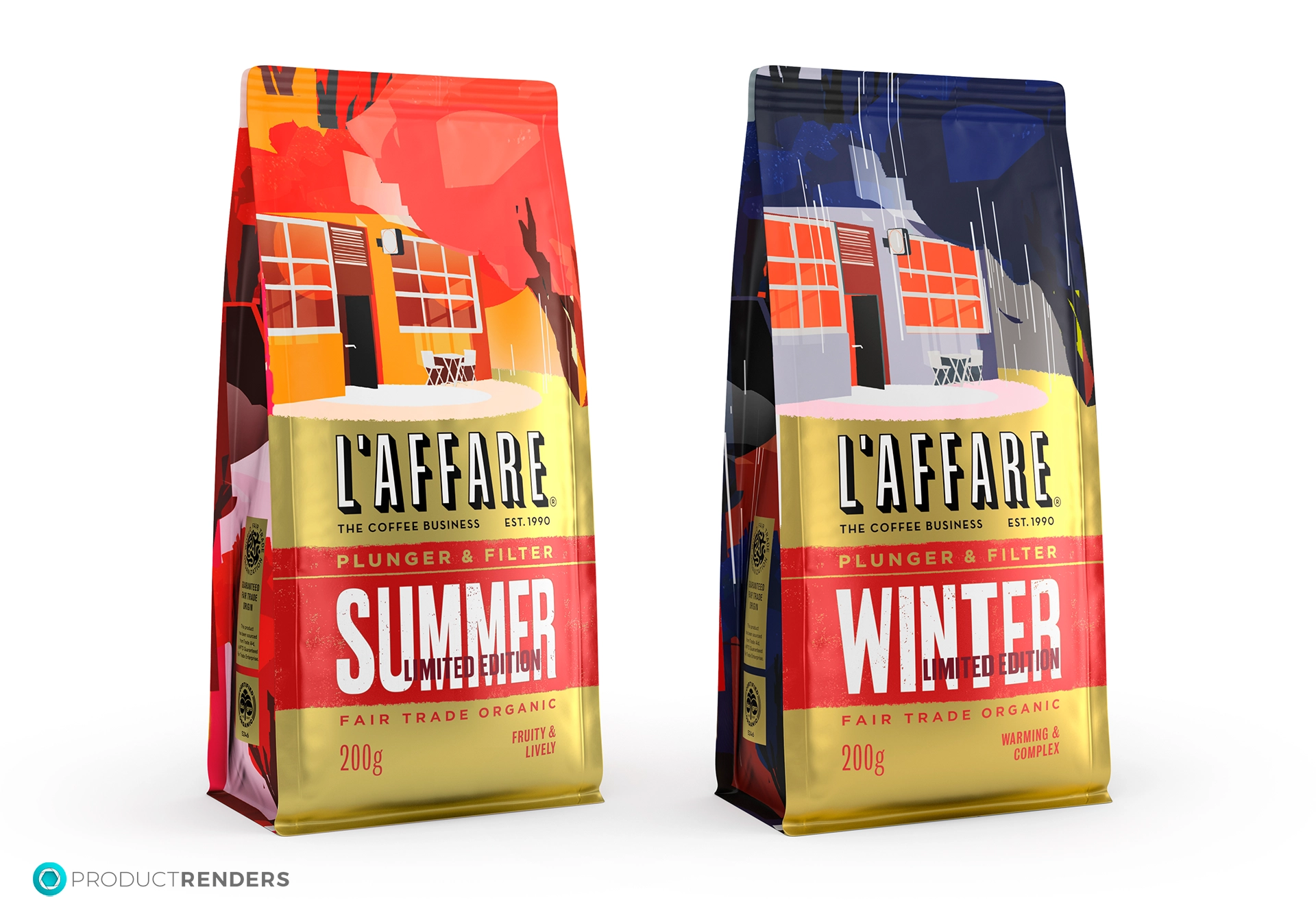 Two bags of L'affare coffee, one for summer and one for winter.