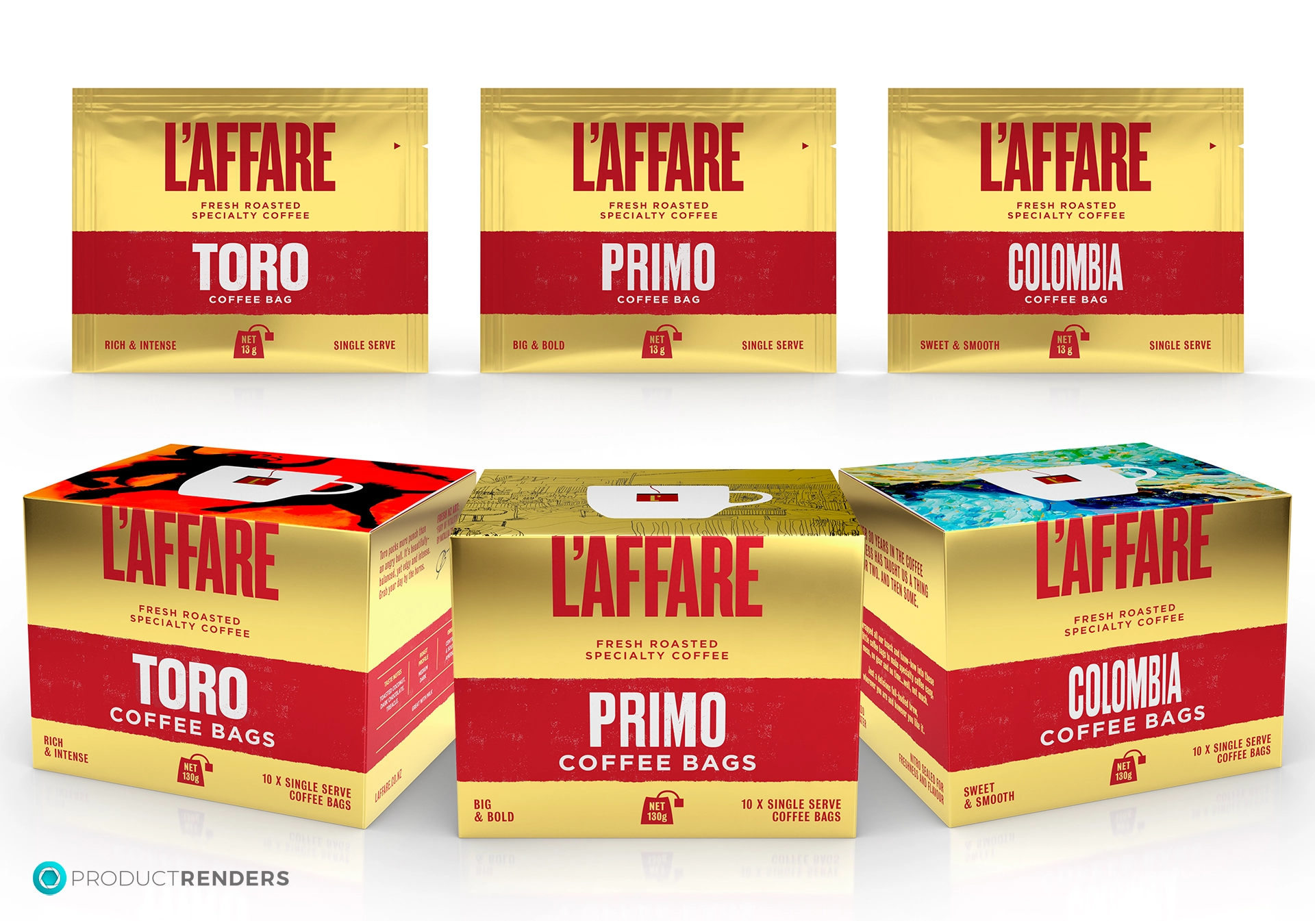 Three boxes and three bags of L'affare coffee in different varieties: Toro, Primo, and Colombia.