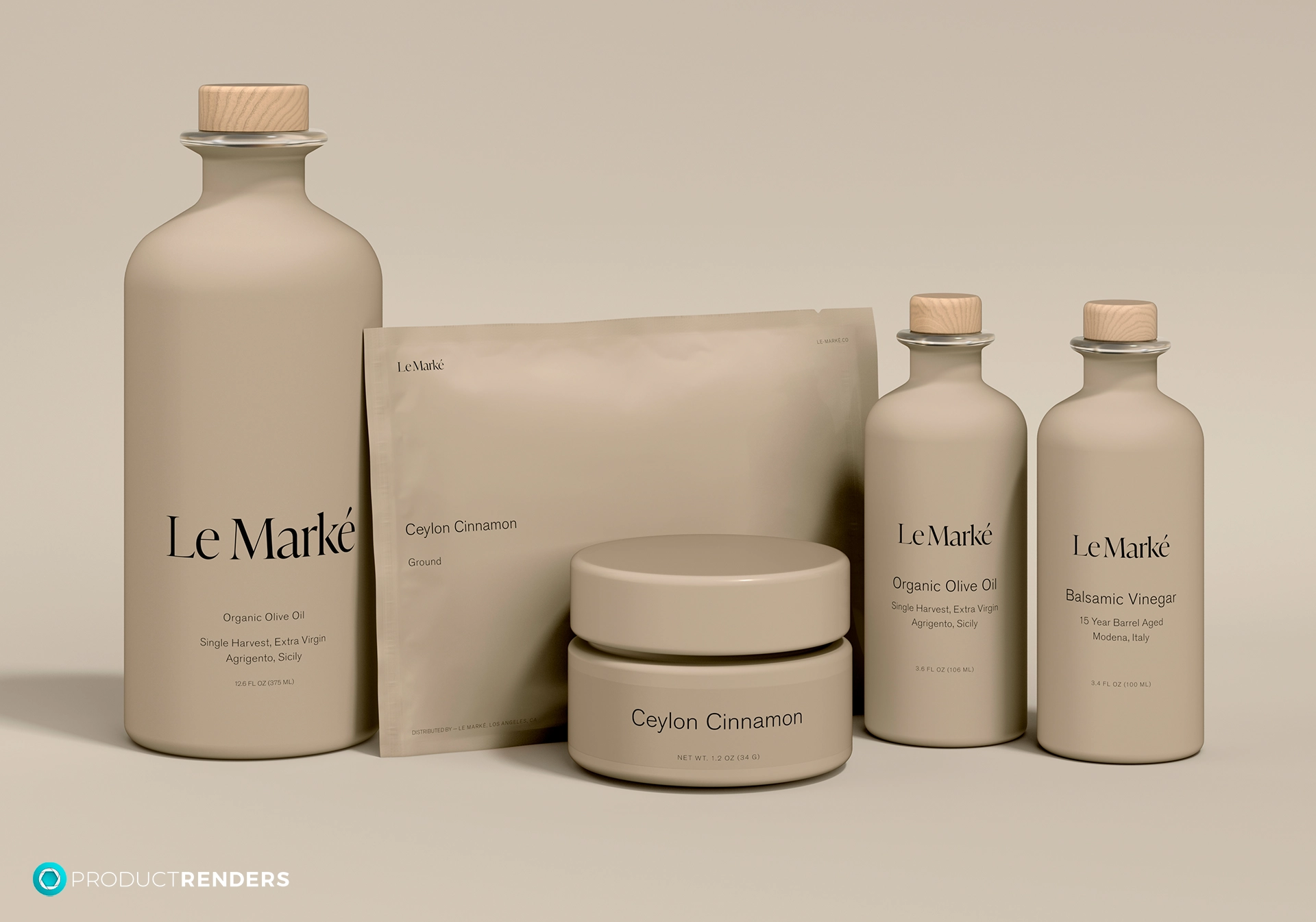 A collection of Le Marké products including olive oil, balsamic vinegar, and cinnamon.