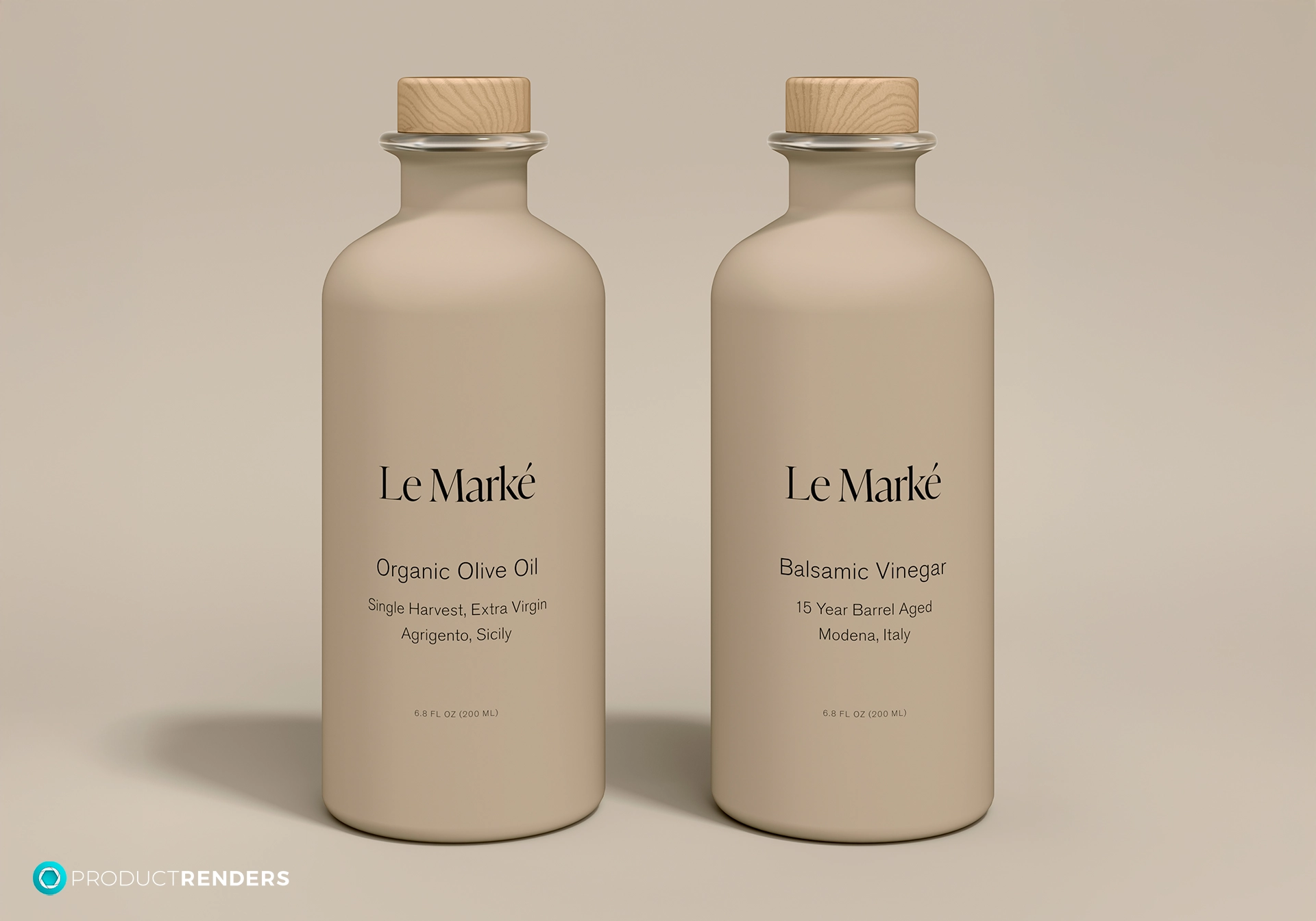 Two bottles of Le Marké organic olive oil and balsamic vinegar.