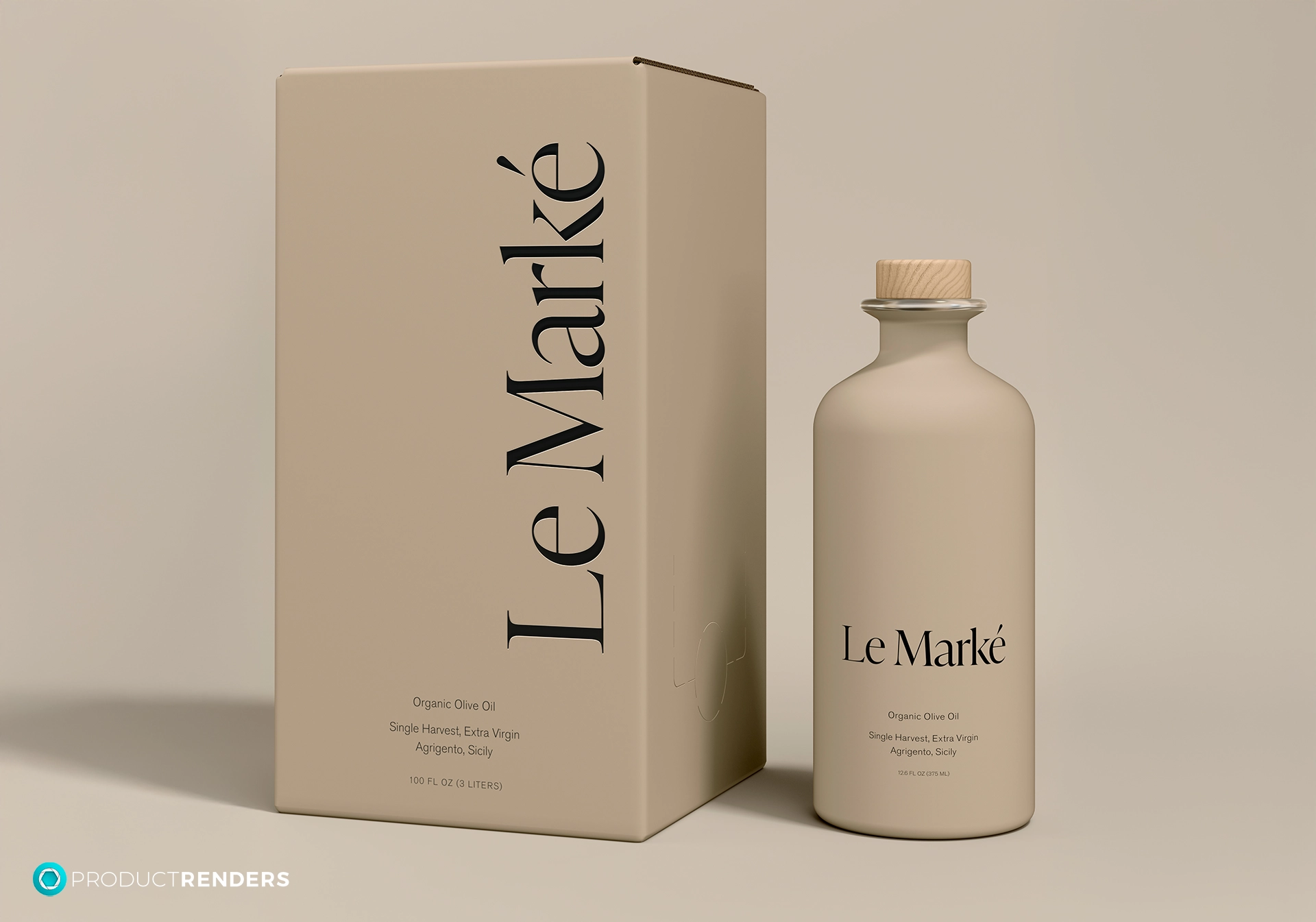 A bottle and box of Le Marké organic olive oil.