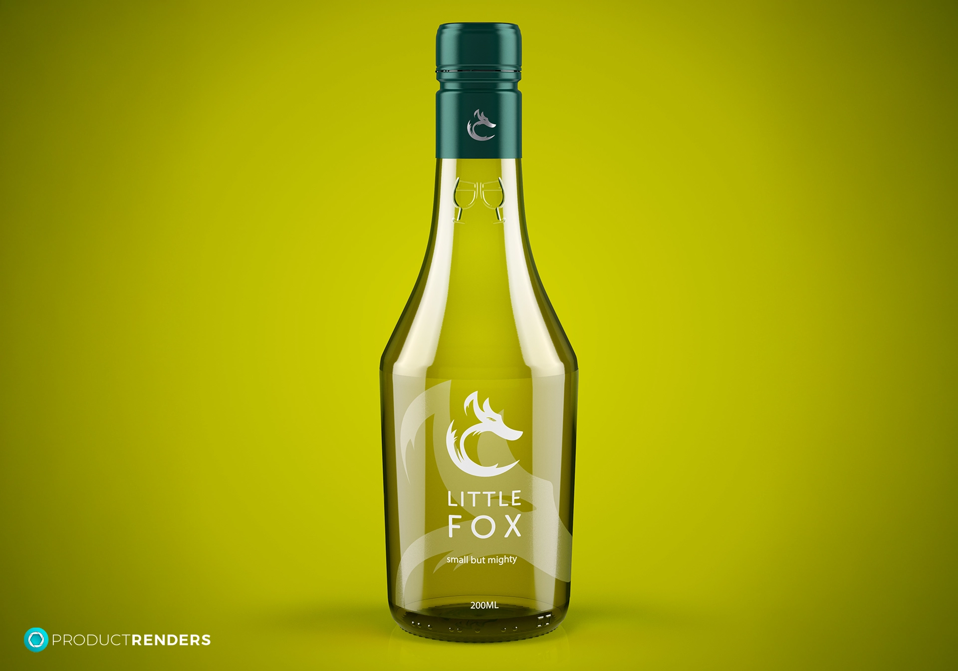 A glass bottle of Little Fox wine with a green cap and label, against a yellow background.