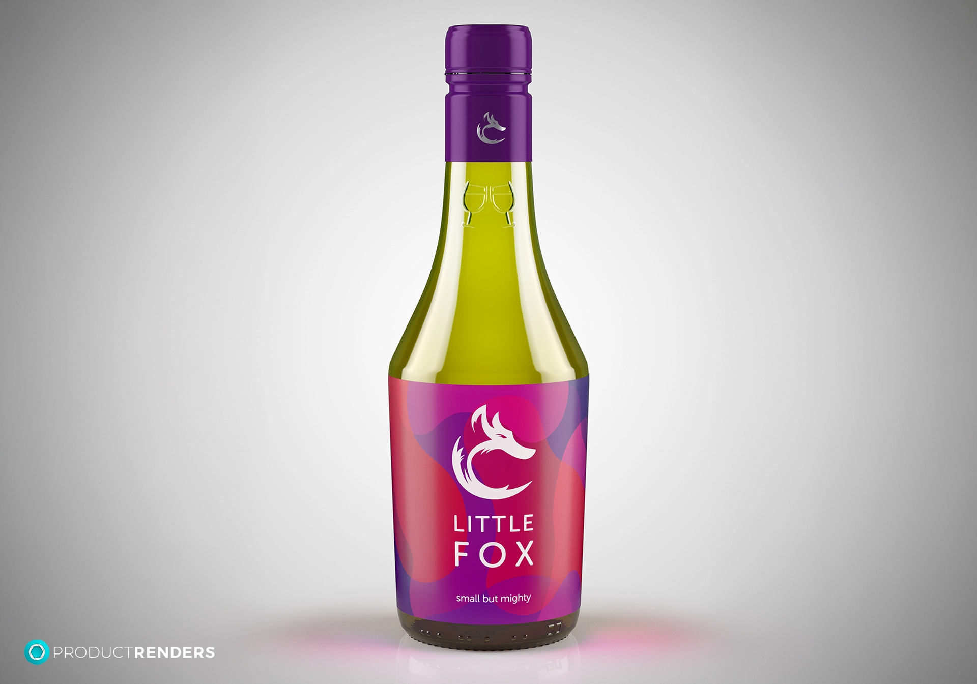 A glass bottle of Little Fox wine with a purple cap and label.