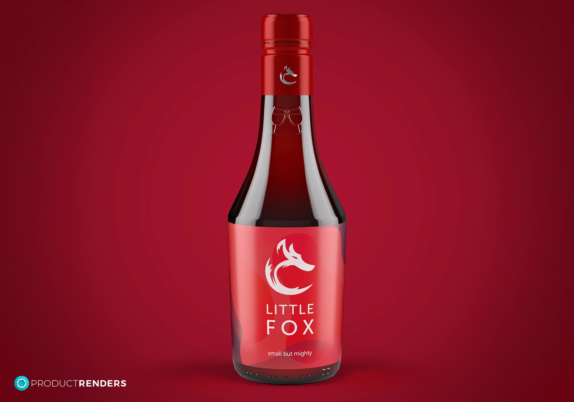 A glass bottle of Little Fox wine with a red cap and label, against a red background.