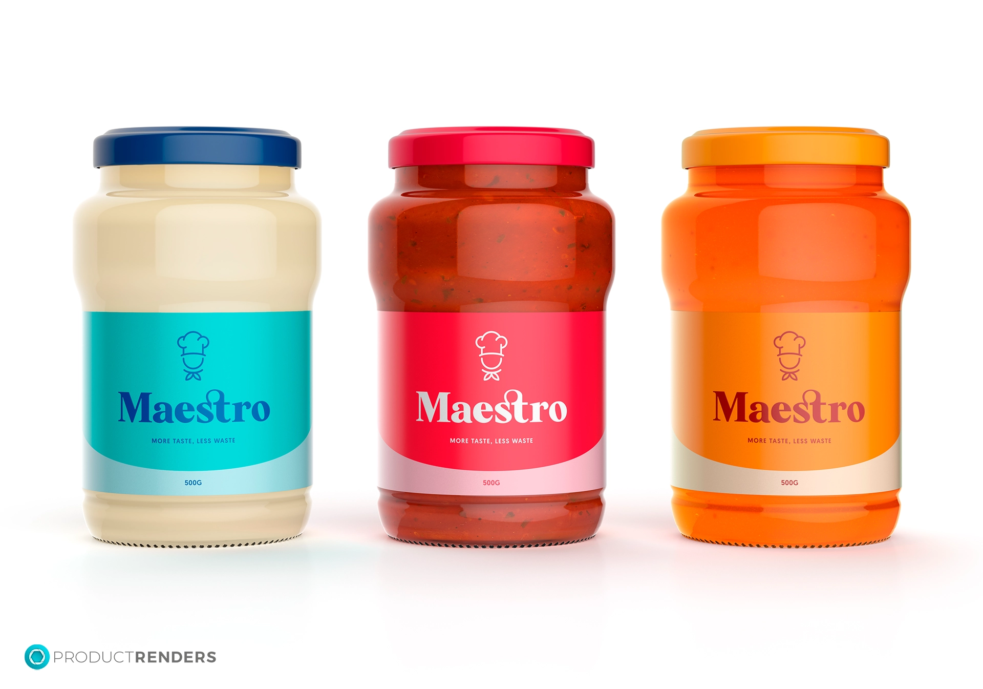 Three glass jars filled with different sauces, each with a coloured lid and a label that says "Maestro" and "More Taste, Less Waste".