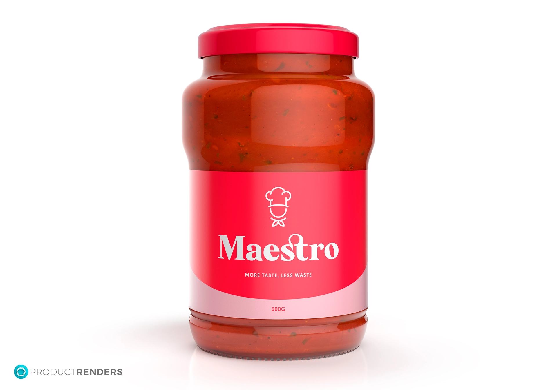 A glass jar filled with red sauce, with a red lid and a label that says "Maestro" and "More Taste, Less Waste".