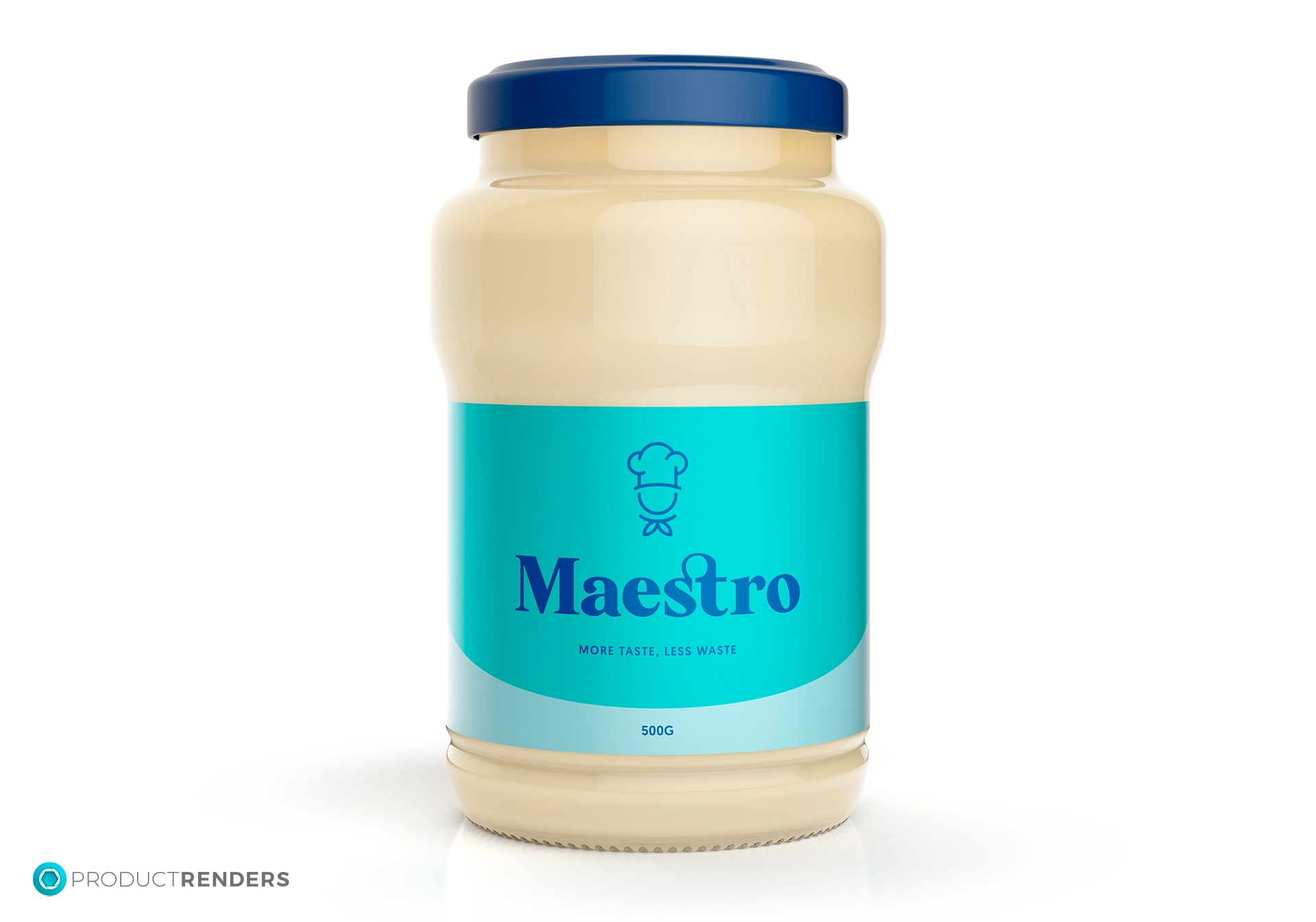 A glass jar with a blue lid filled with mayonnaise. The jar has a blue label with the word "Maestro".