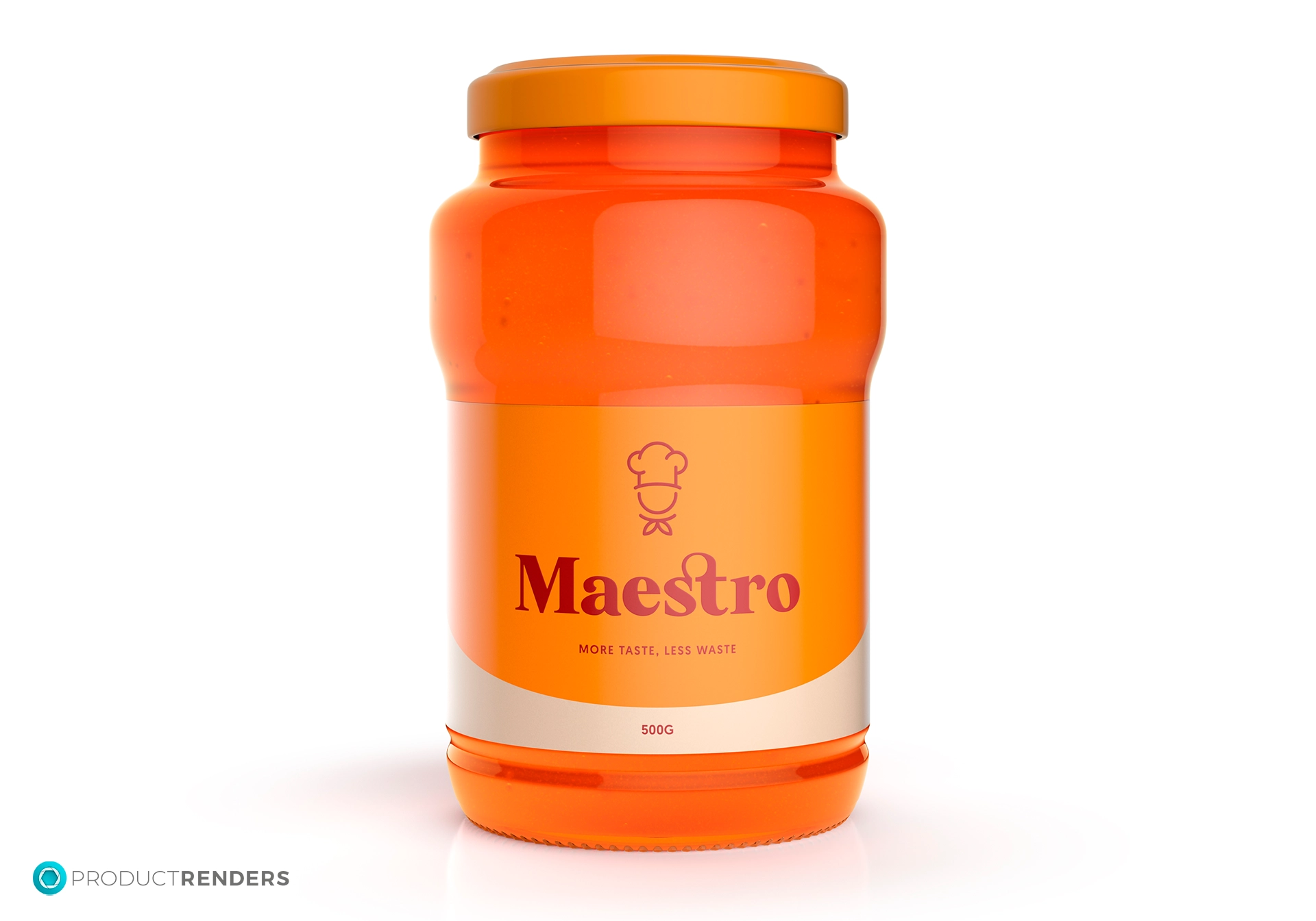 An orange glass jar with a white label that says "Maestro" and "More Taste, Less Waste".