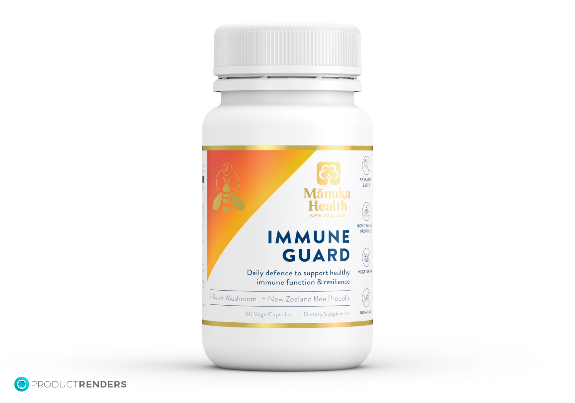 A Manuka Health Immune Guard supplement bottle with 60 capsules.