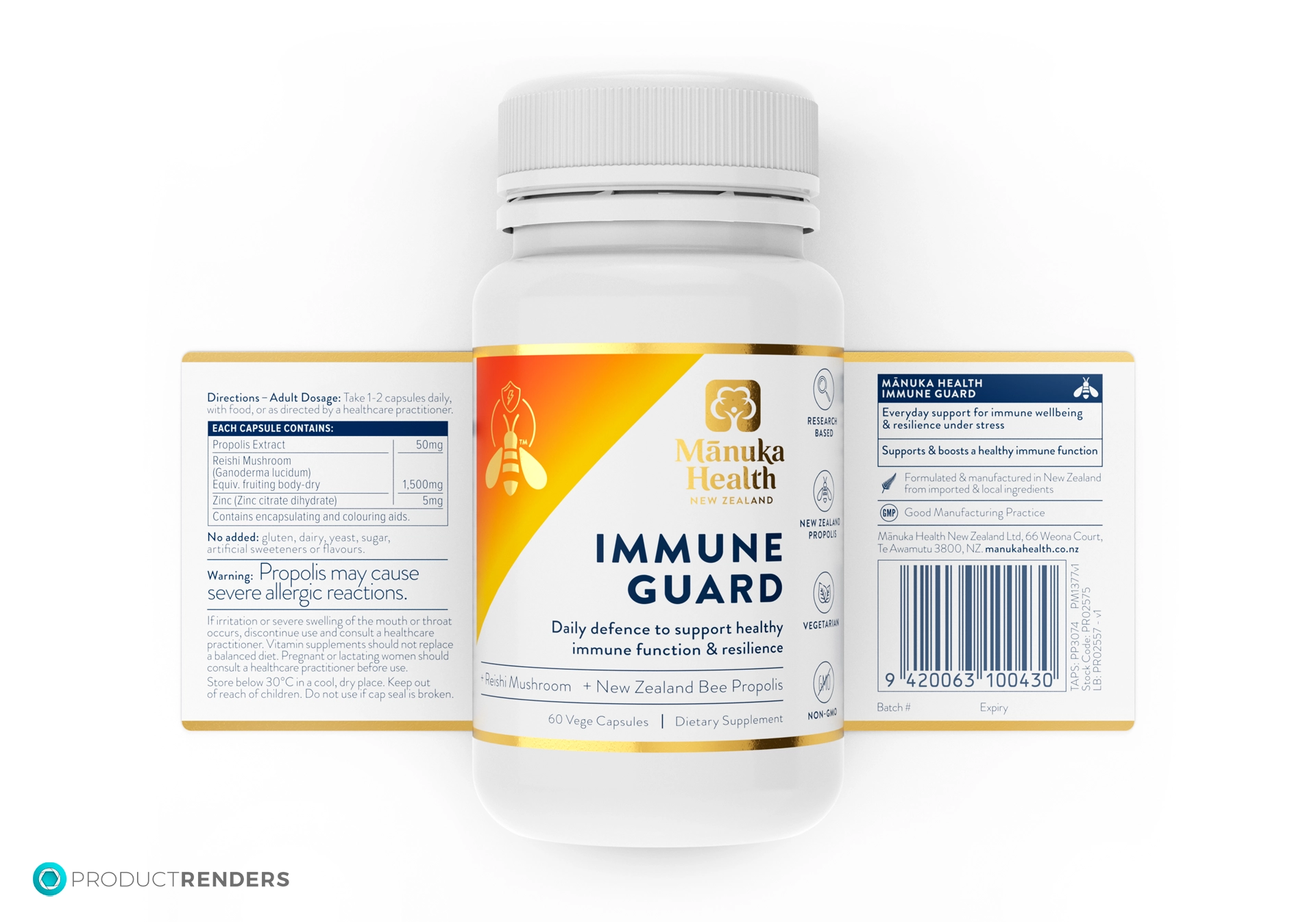 A Manuka Health Immune Guard supplement bottle with 60 capsules.