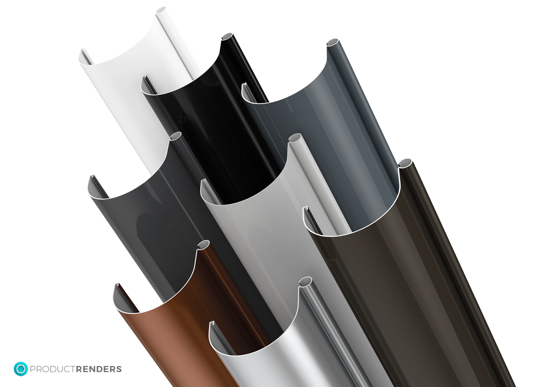 Seven gutter sections in different colours: white, black, grey, brown, silver and dark grey.