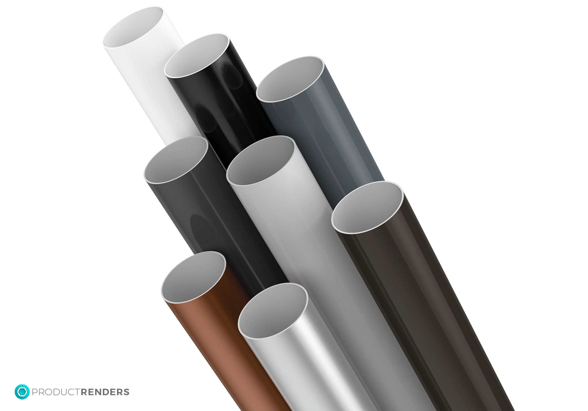 Eight metal pipes in different colours: white, black, grey, silver, brown and dark grey.