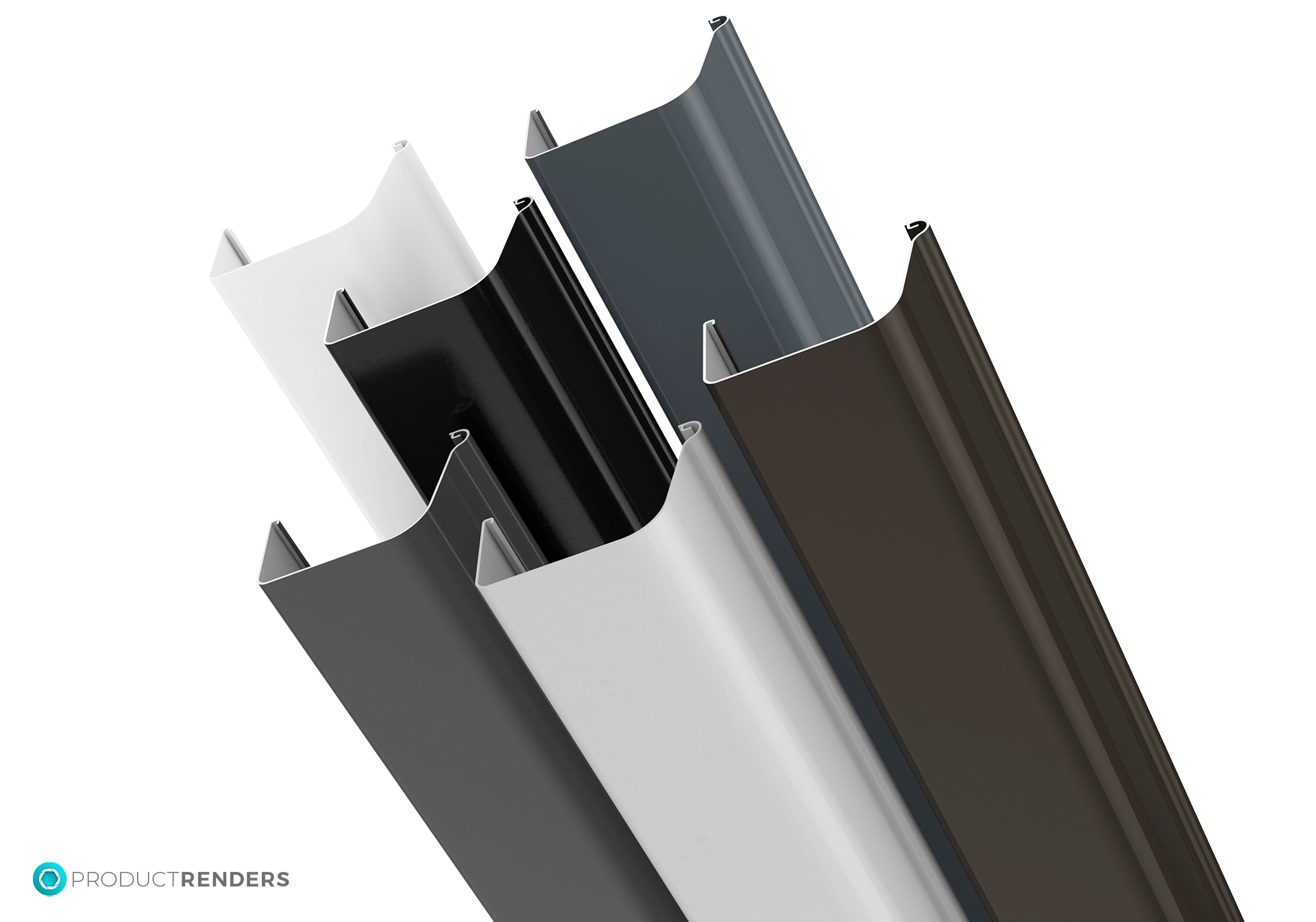 Five gutter sections in different colours: black, white, grey, brown and green.