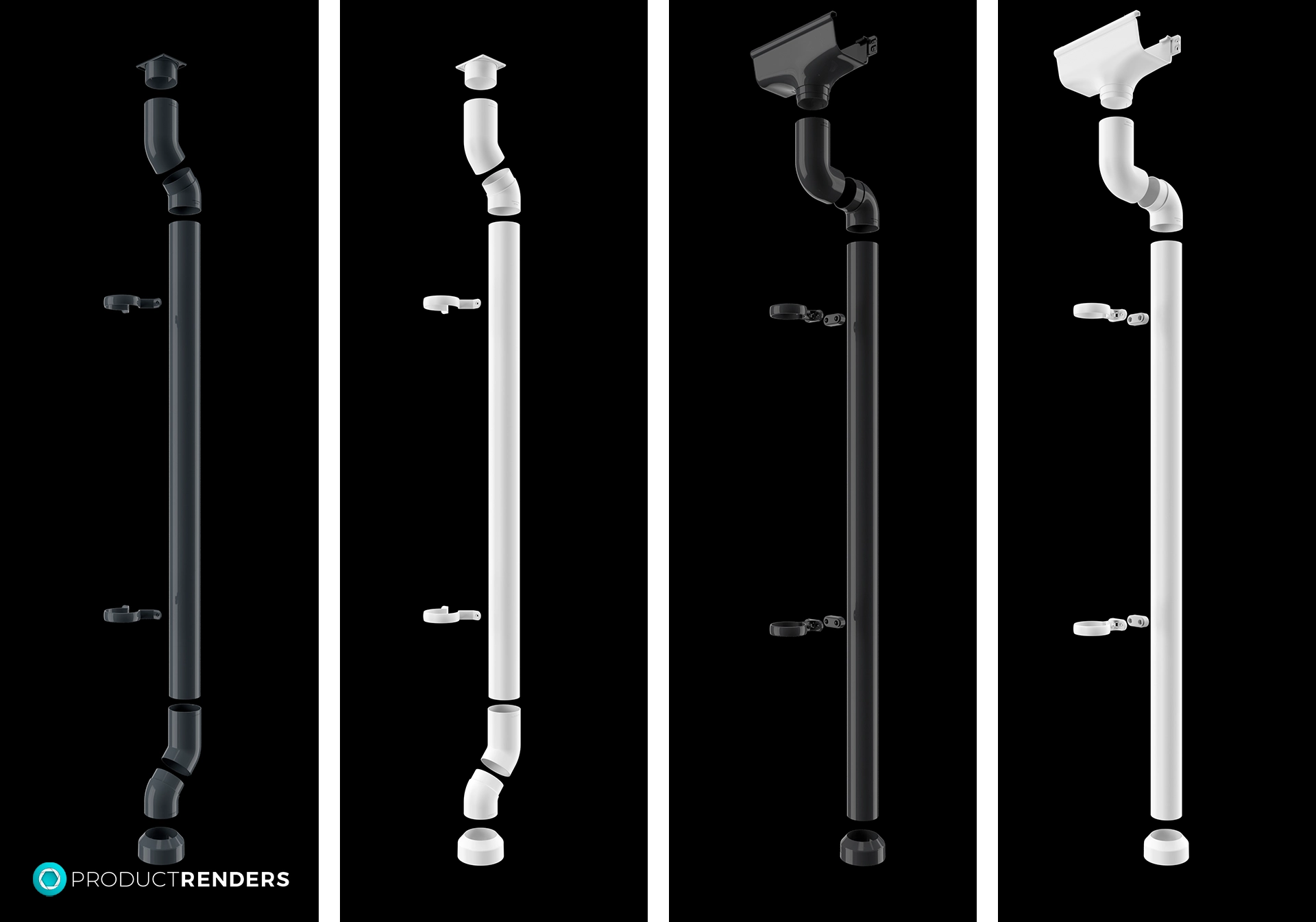 Four different gutter systems in black, white, and grey.