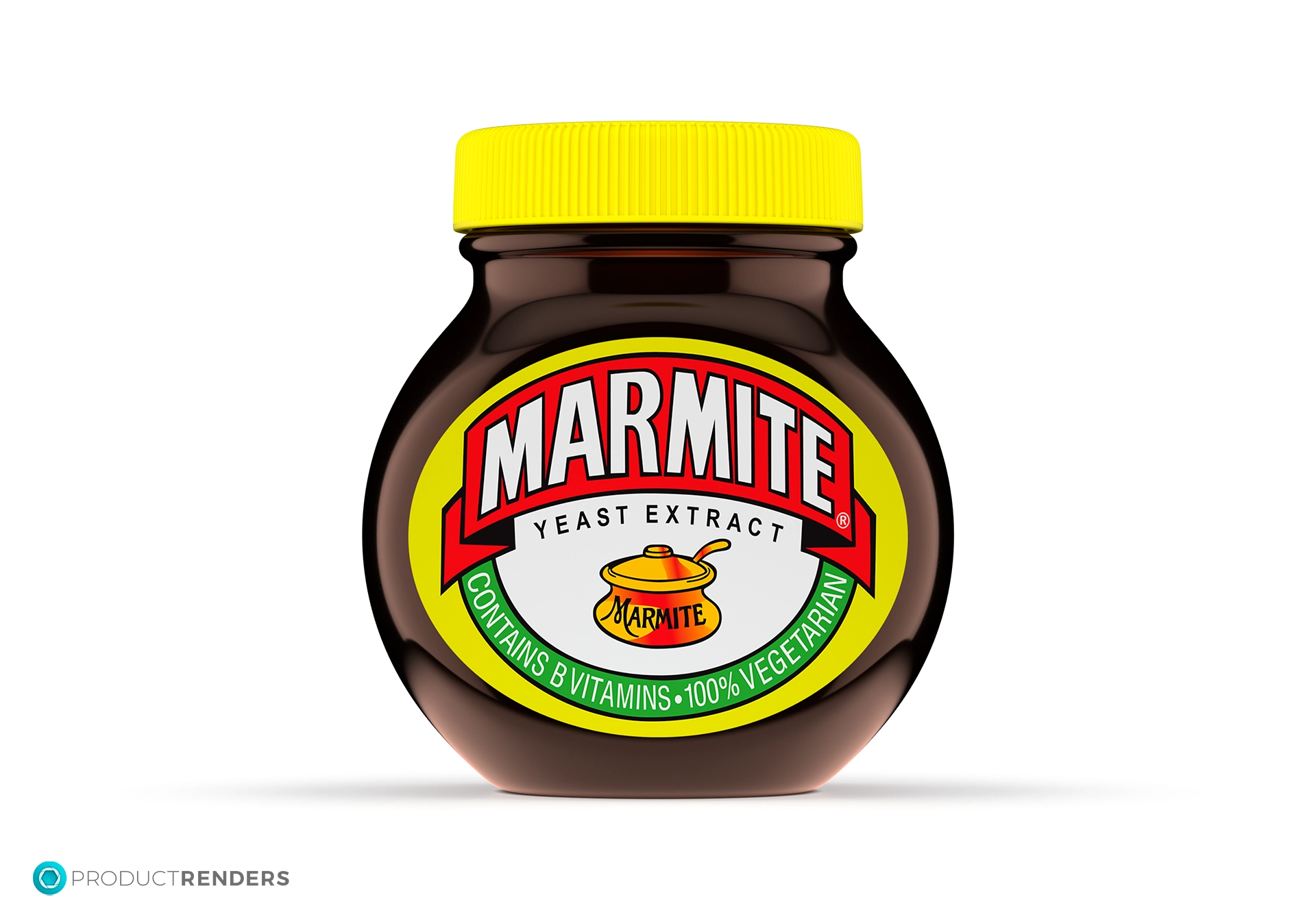 A jar of Marmite yeast extract with a yellow lid.