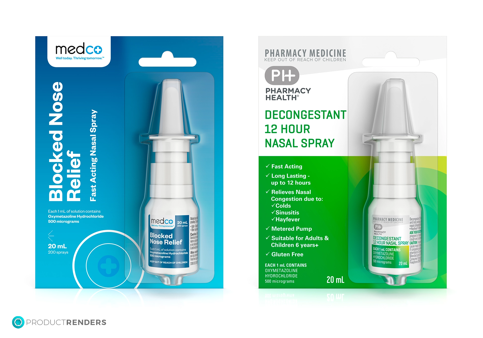 Two bottles of Medco Blocked Nose Relief nasal spray.