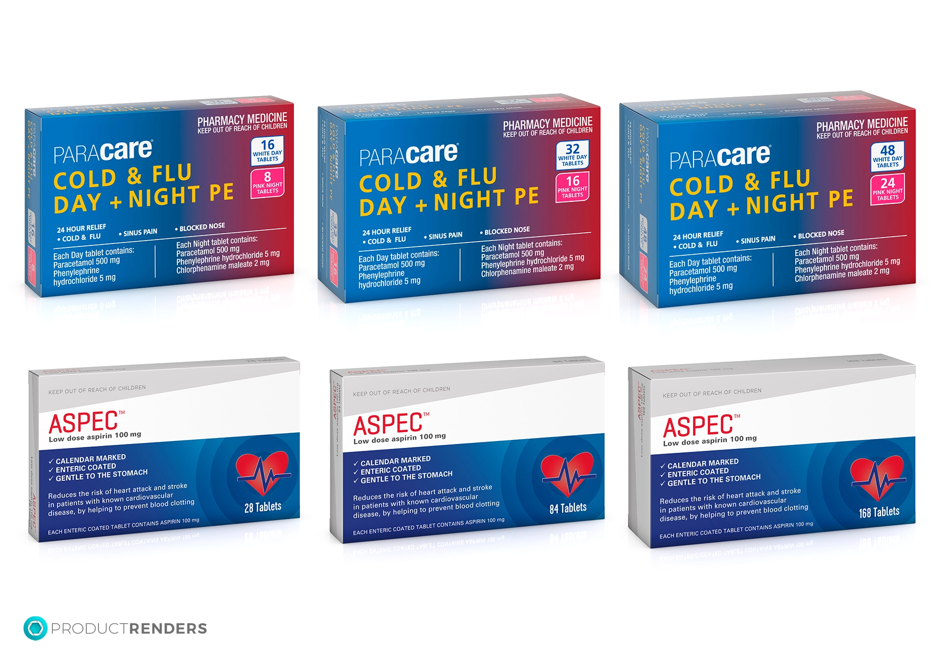 Three boxes of Paracare Cold & Flu Day & Night tablets and three boxes of ASPEC low-dose aspirin tablets.