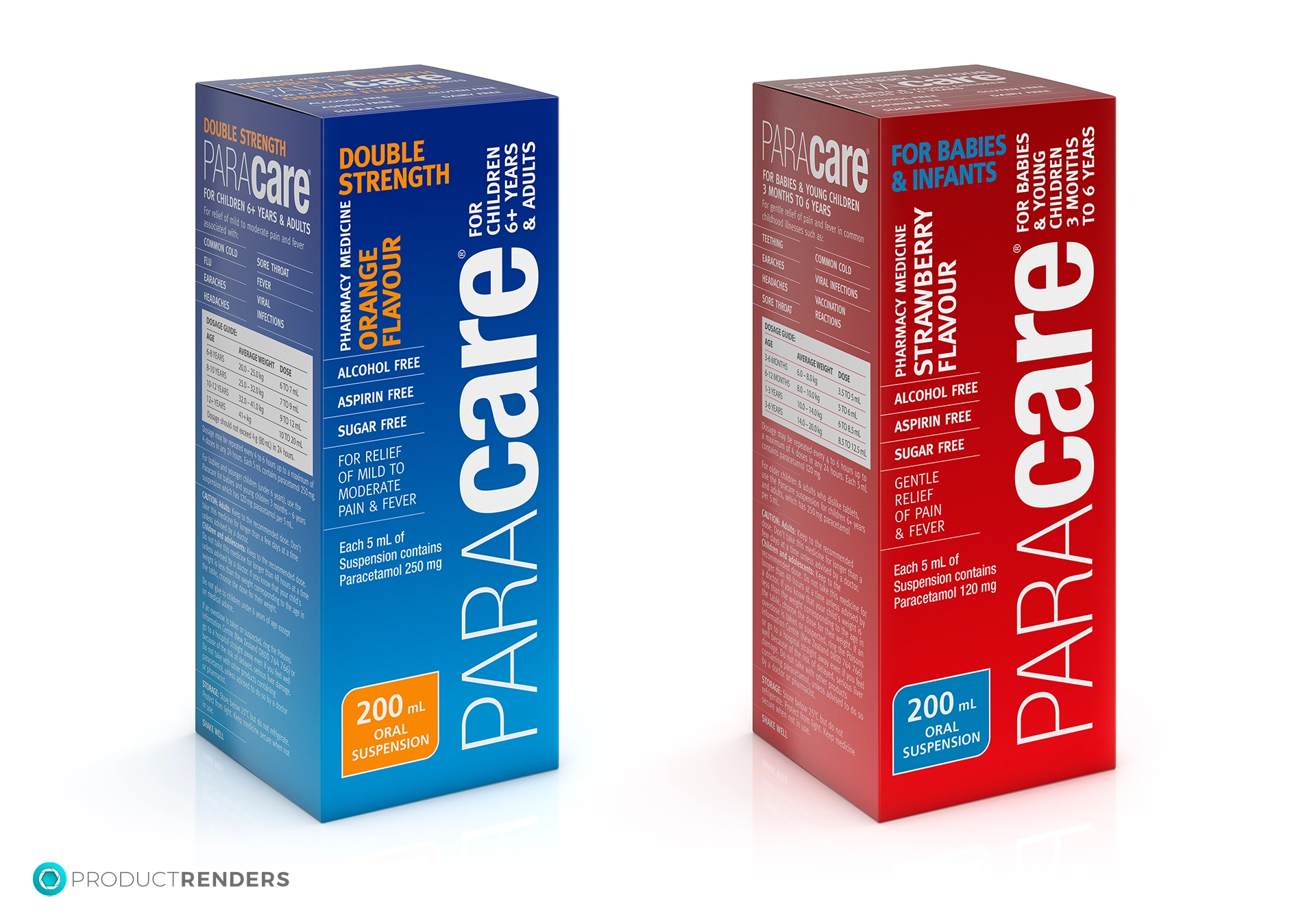 Two boxes of Paracare pain relief medicine, one orange and one red.