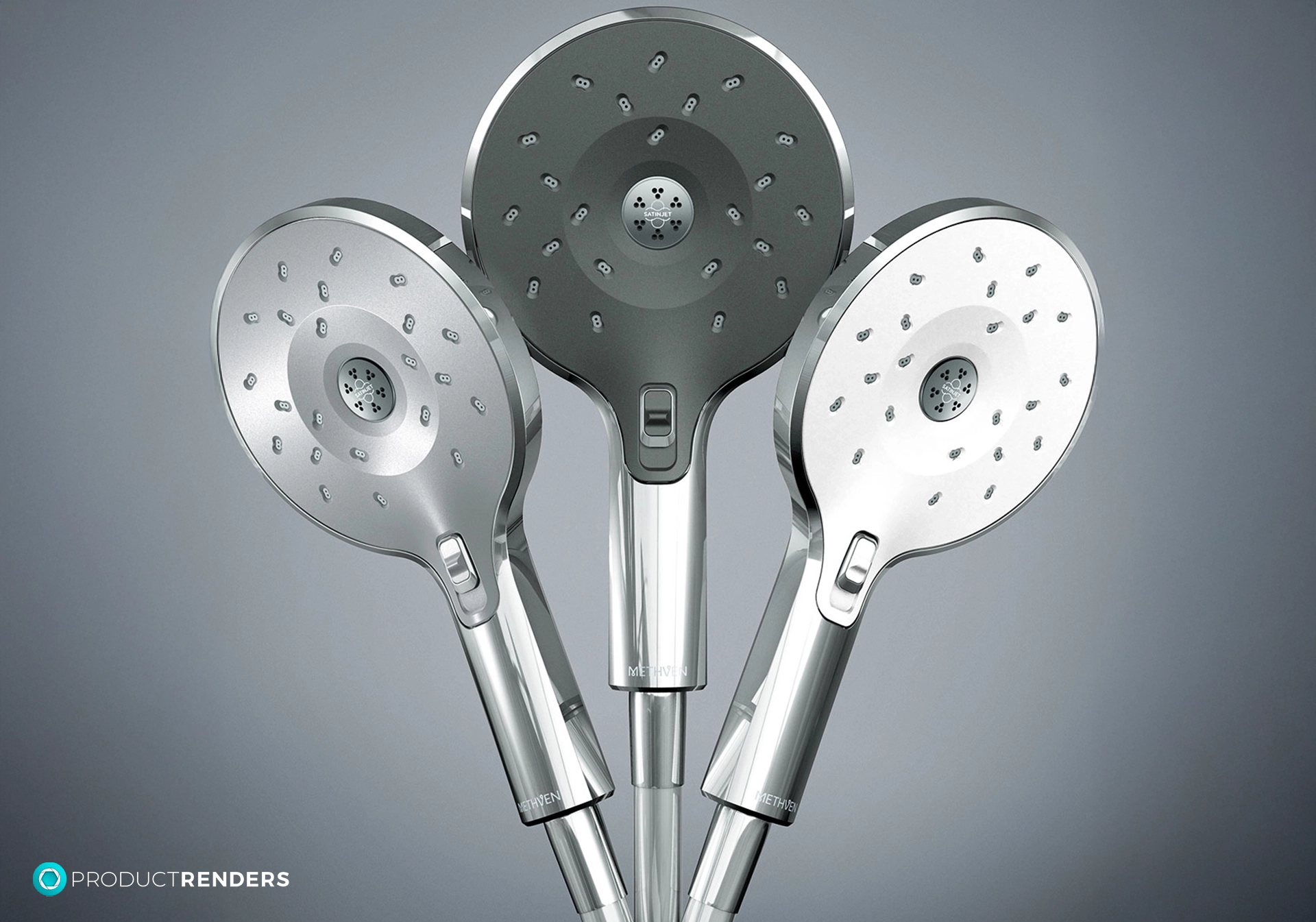 Three shower heads in silver, black, and white with buttons on a grey background.