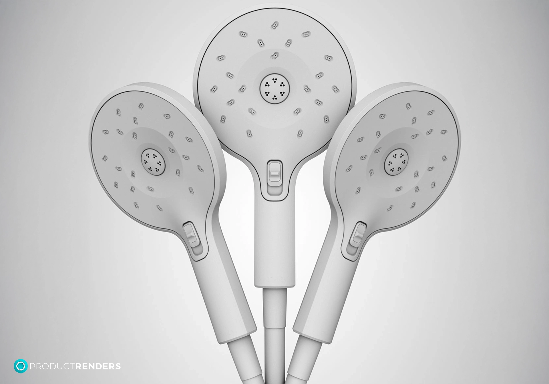 Three white shower heads with buttons on a grey background.