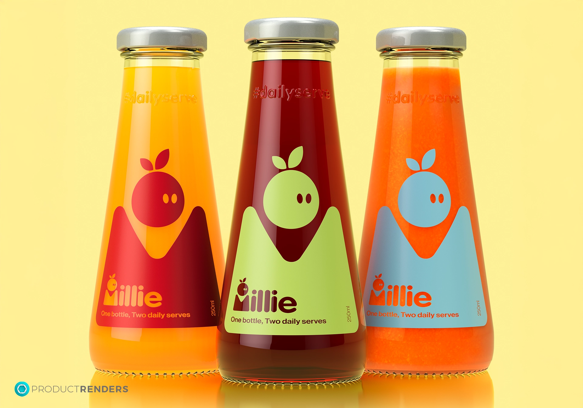 Three glass bottles of Millie juice in orange, yellow and red, on a yellow background.