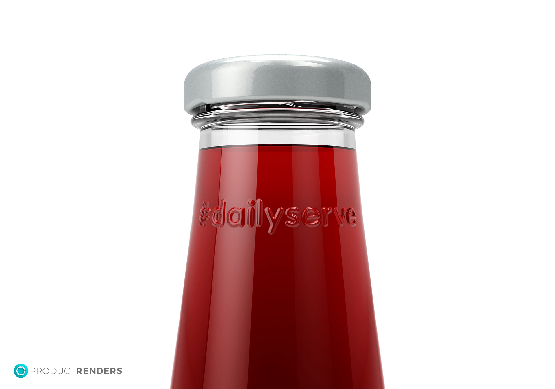 The top of a glass bottle filled with red liquid, with a silver cap and the hashtag #dailyserve embossed on the front.