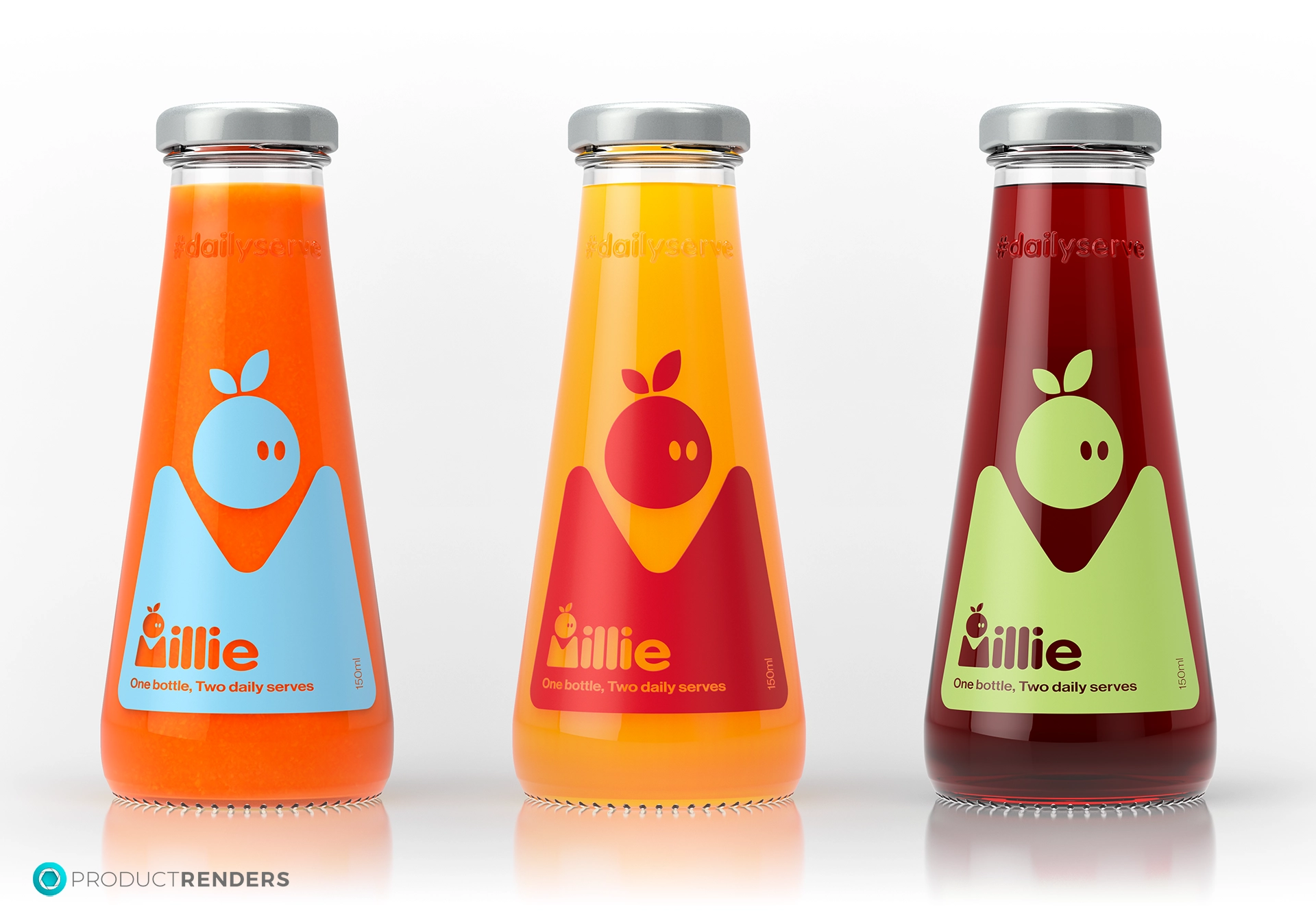 Three glass bottles of Millie juice in orange, yellow and red.