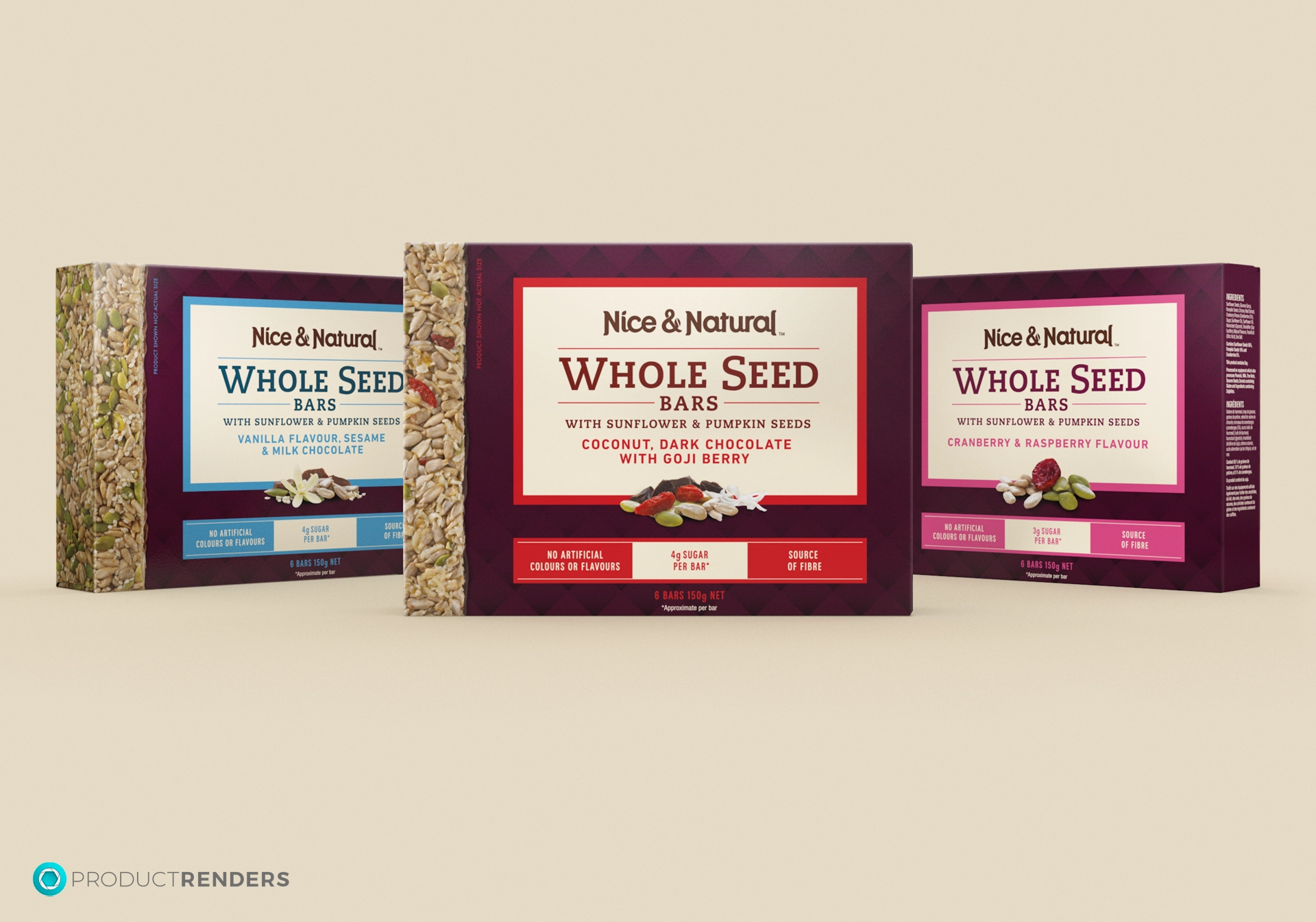 Three boxes of Nice & Natural Whole Seed Bars in different flavours: Vanilla & Milk Chocolate, Coconut, Dark Chocolate & Goji Berry, and Cranberry & Raspberry.