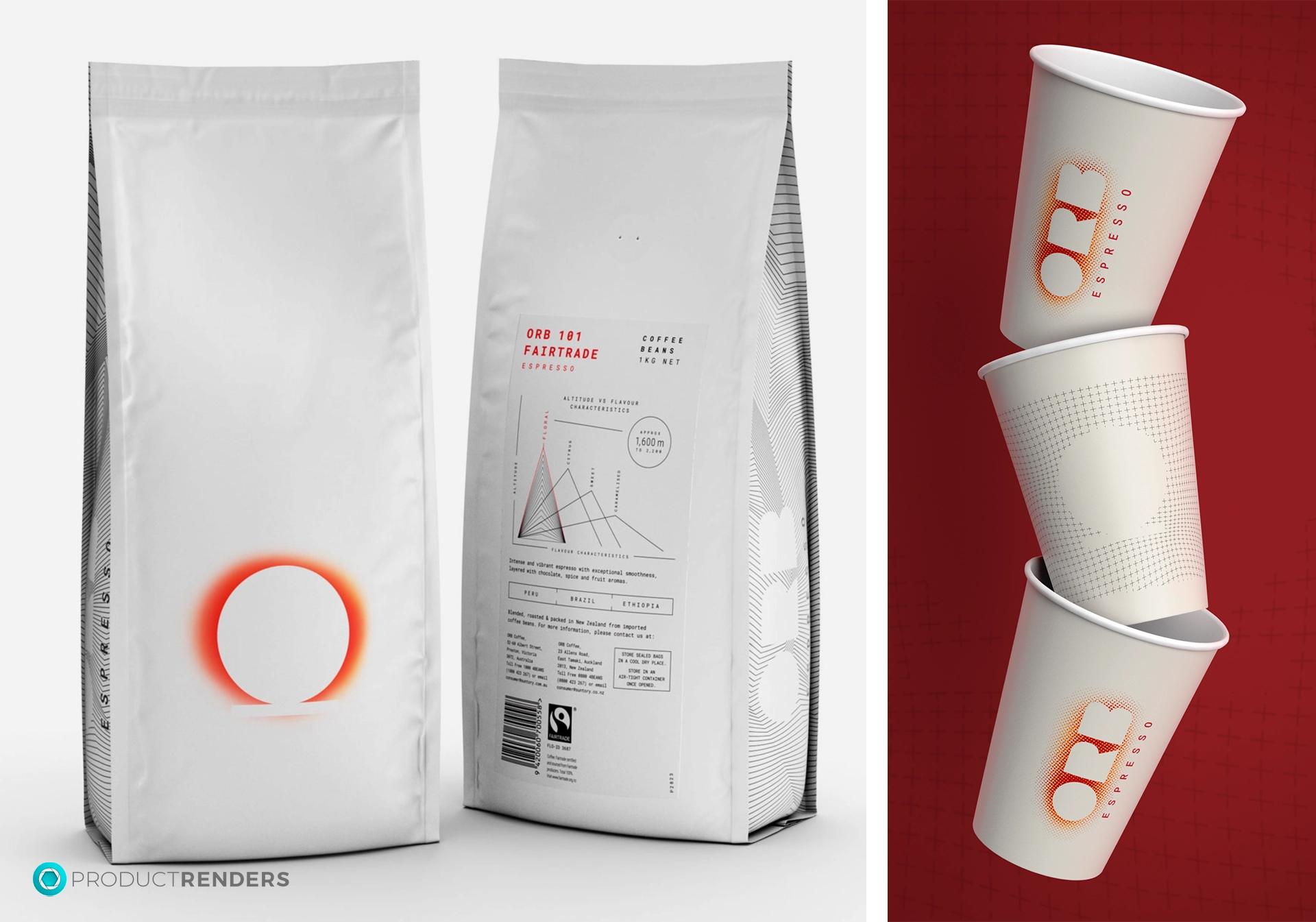 Two bags of ORB 101 Fairtrade coffee beans and three disposable coffee cups with the ORB logo.