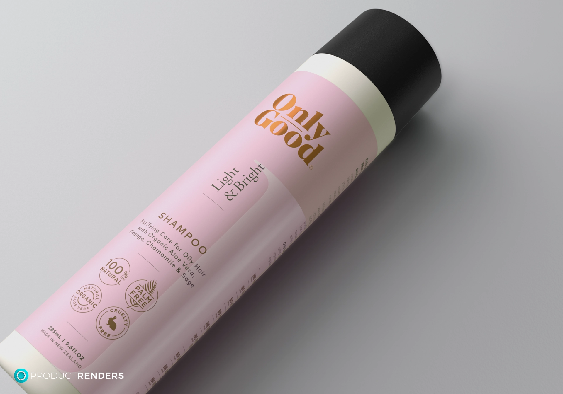 A bottle of Only Good Light & Bright shampoo, a 100% natural product for oily hair.